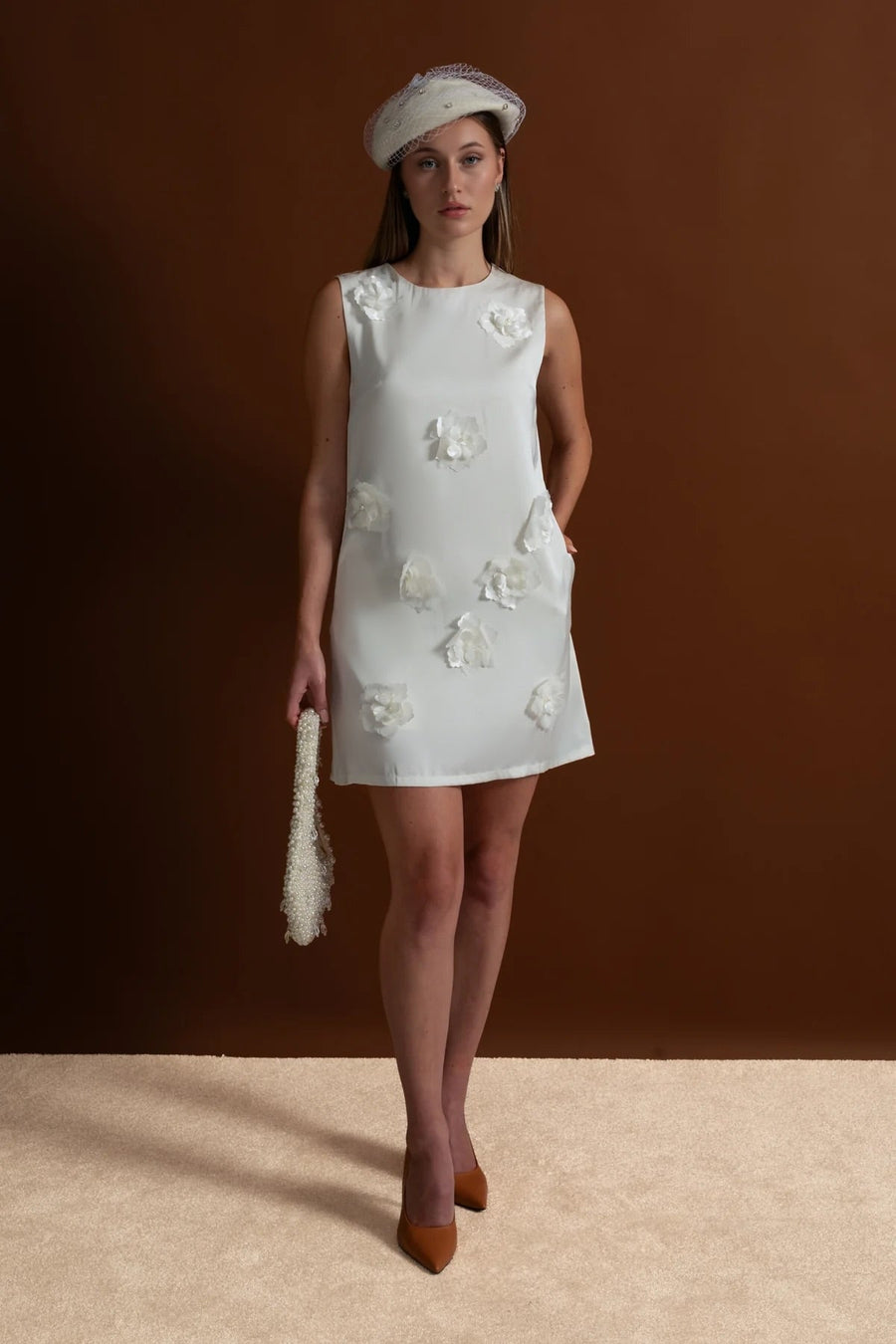3D Floral Appliqué Mini Dress – White