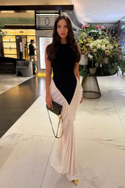 Halter Maxi Dress with  Contrasting Ruched Paneling - Black/White