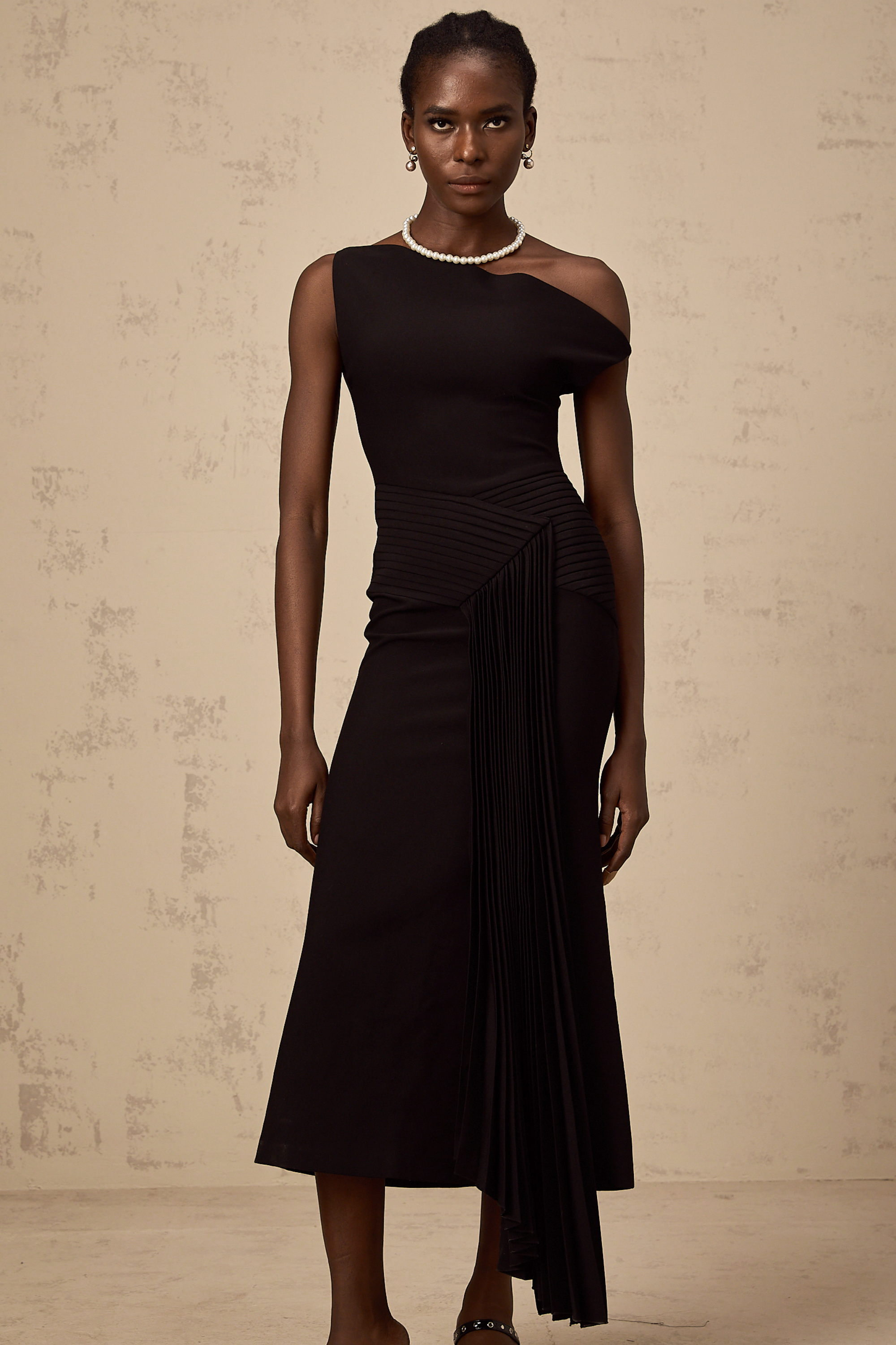 Laurine asymmetrical draped midi dress in Black