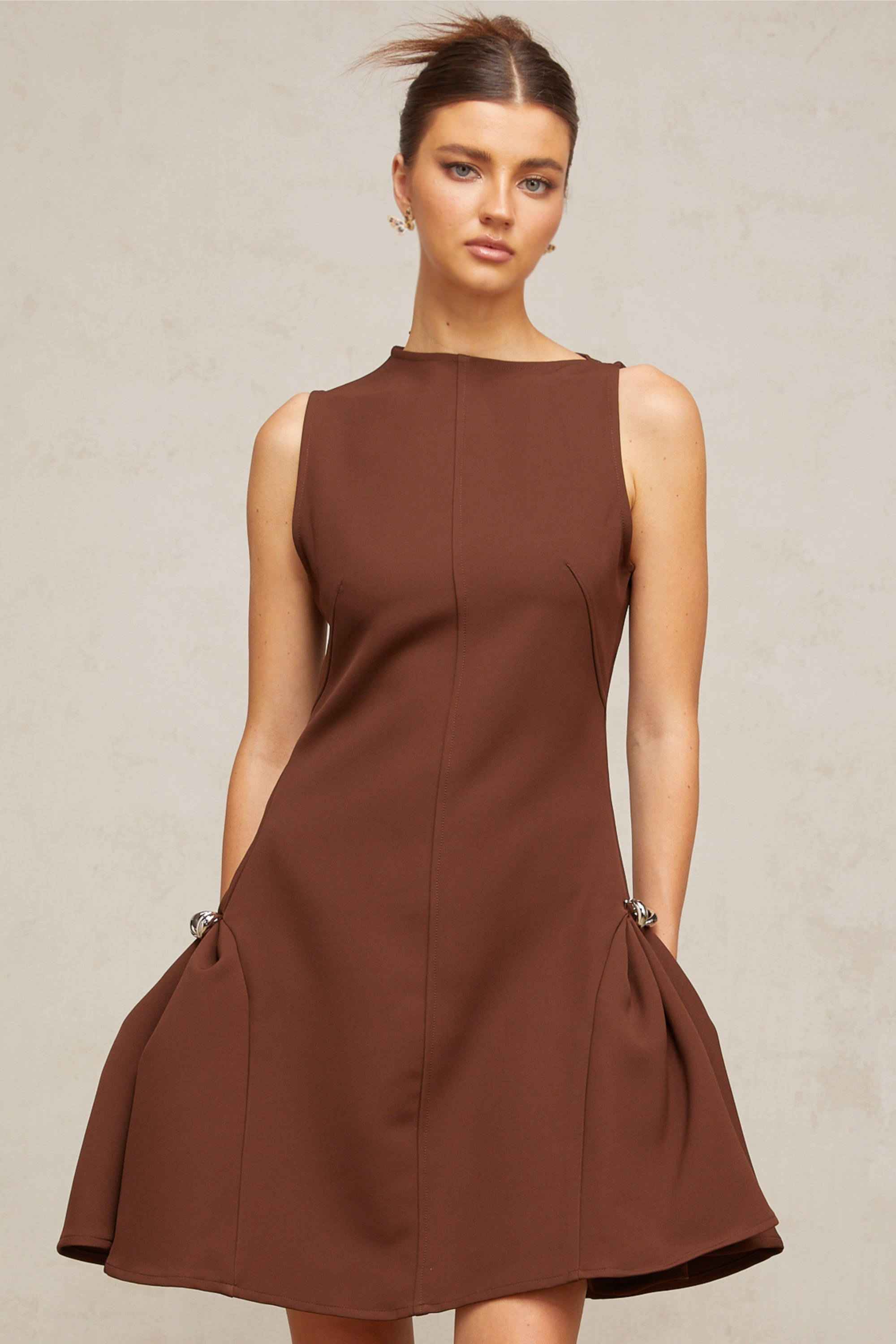 Dora brown asymmetrical-neck puff mini dress