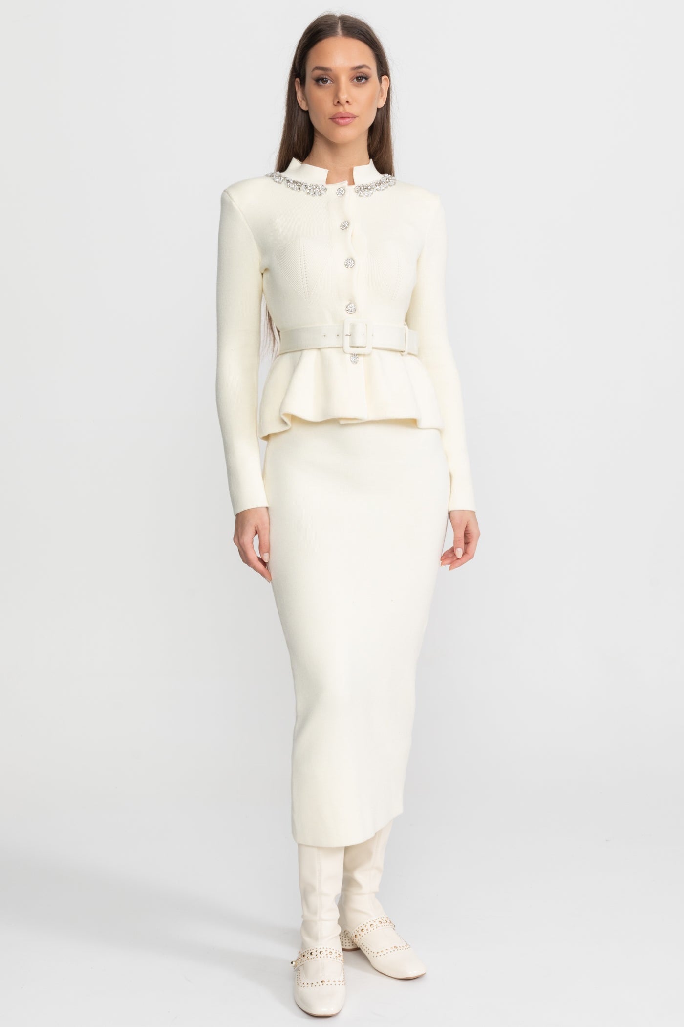 Midi Dress with Peplum Waist and Crystal Collar – Ivoire