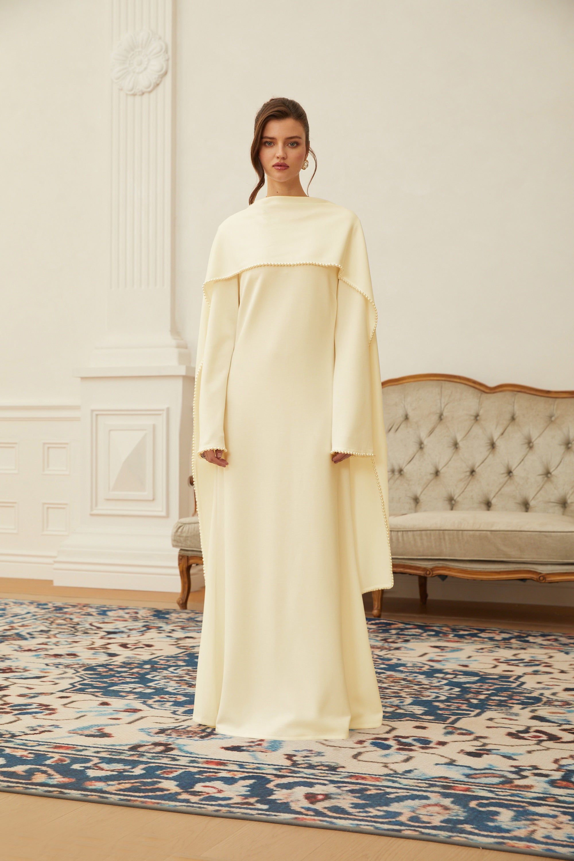 Piroska Yellow Pearl Trim Shawl Detail Maxi Dress