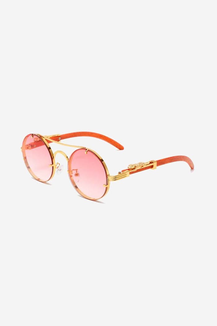 Round Sunglasses with Sculpted Leopard Temples and Double Gold Bridge – Pink