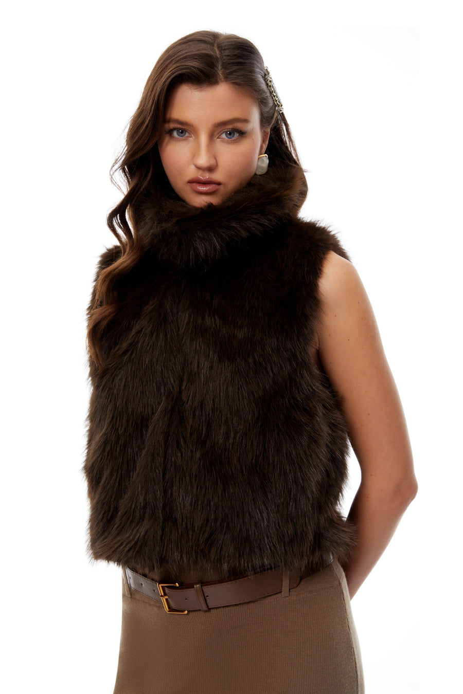 Viviana Brown Mock Neck Fur Gilet