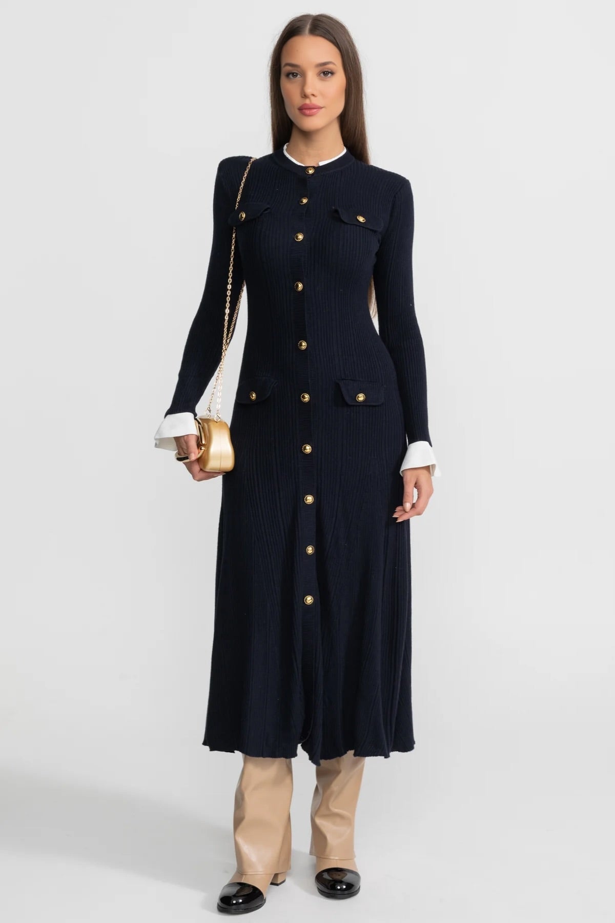 Ribbed Knit Midi Dress with Gold Button Fastening - Dark Blue