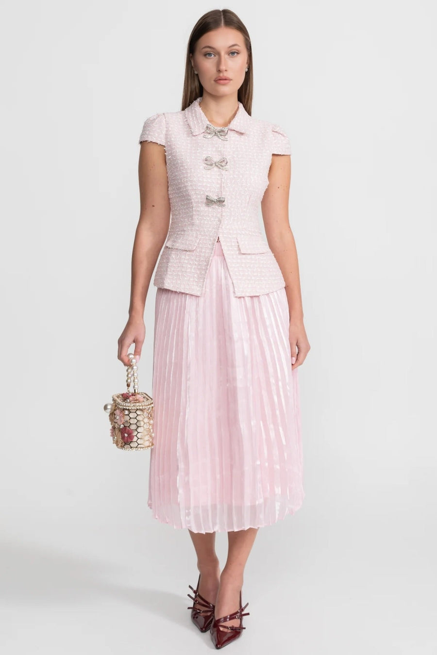 Flavie Pink Tweed and Organza Co-ord Set with Crystal Bow Buttons