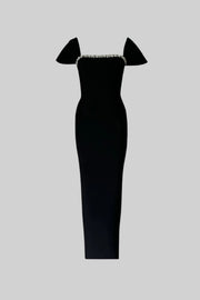 Off-Shoulder Fitted Gown With Crystal Embellishments  – Black