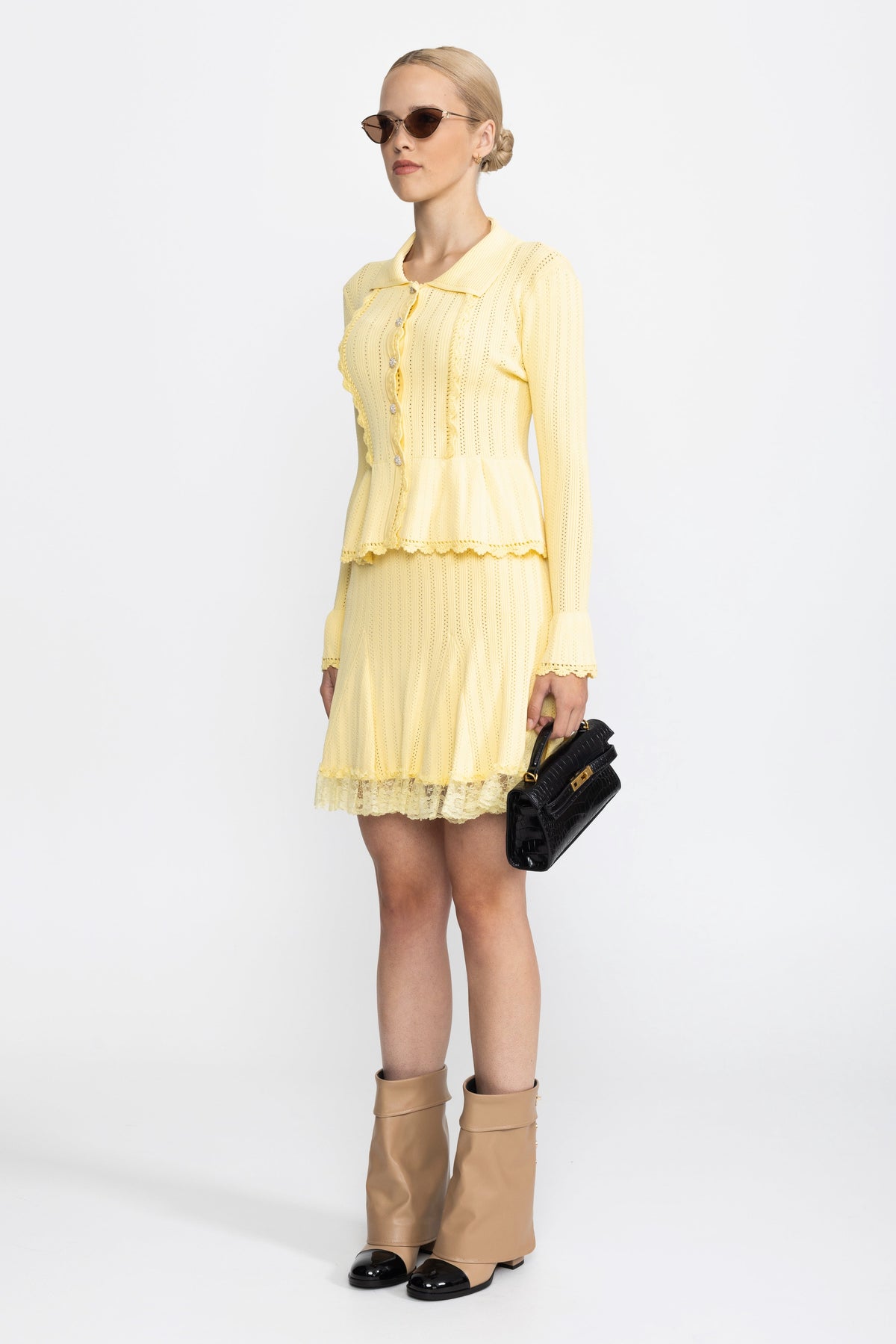 Pointelle Knit Peplum Cardigan and Lace Hem Skirt Co-ord Set - Yellow