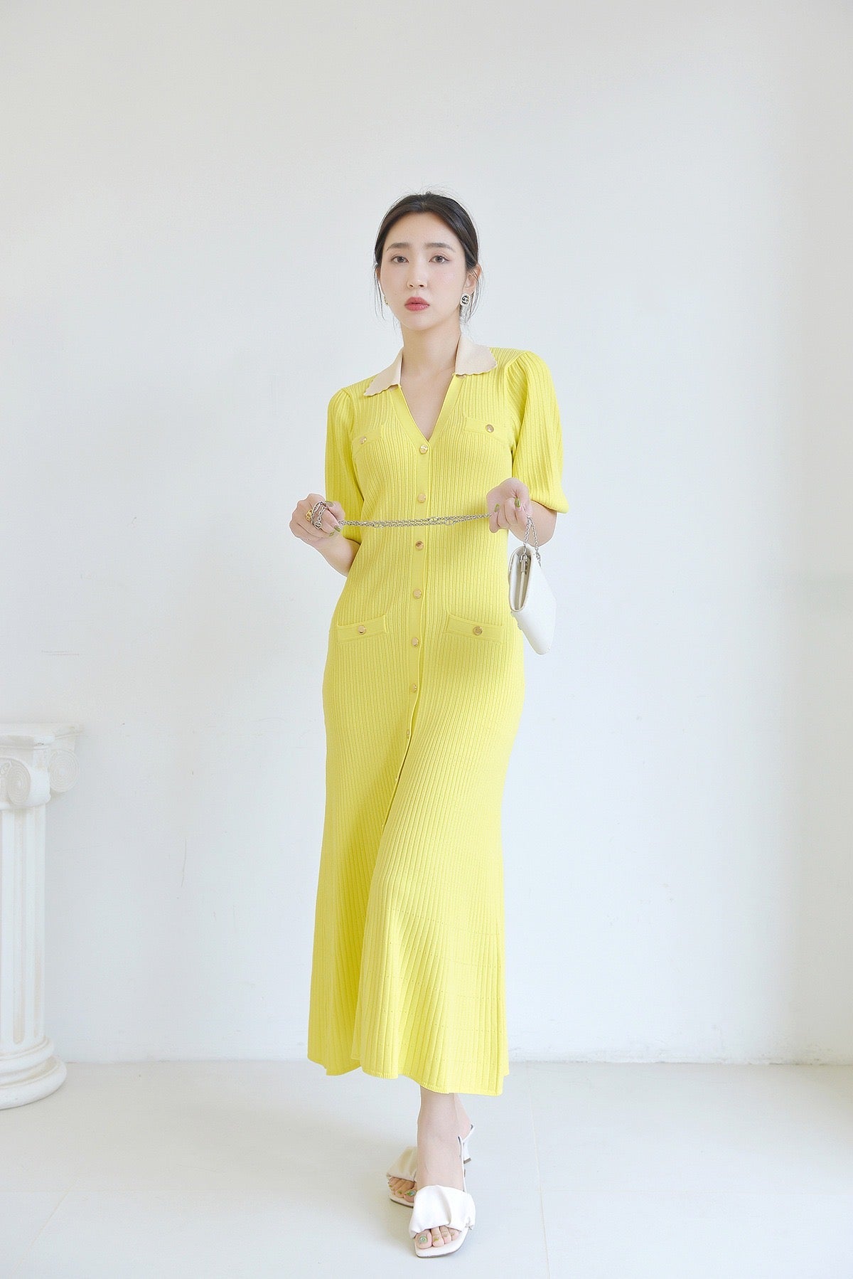 Sandro Collared Knit Button Down midi Dress - Yellow