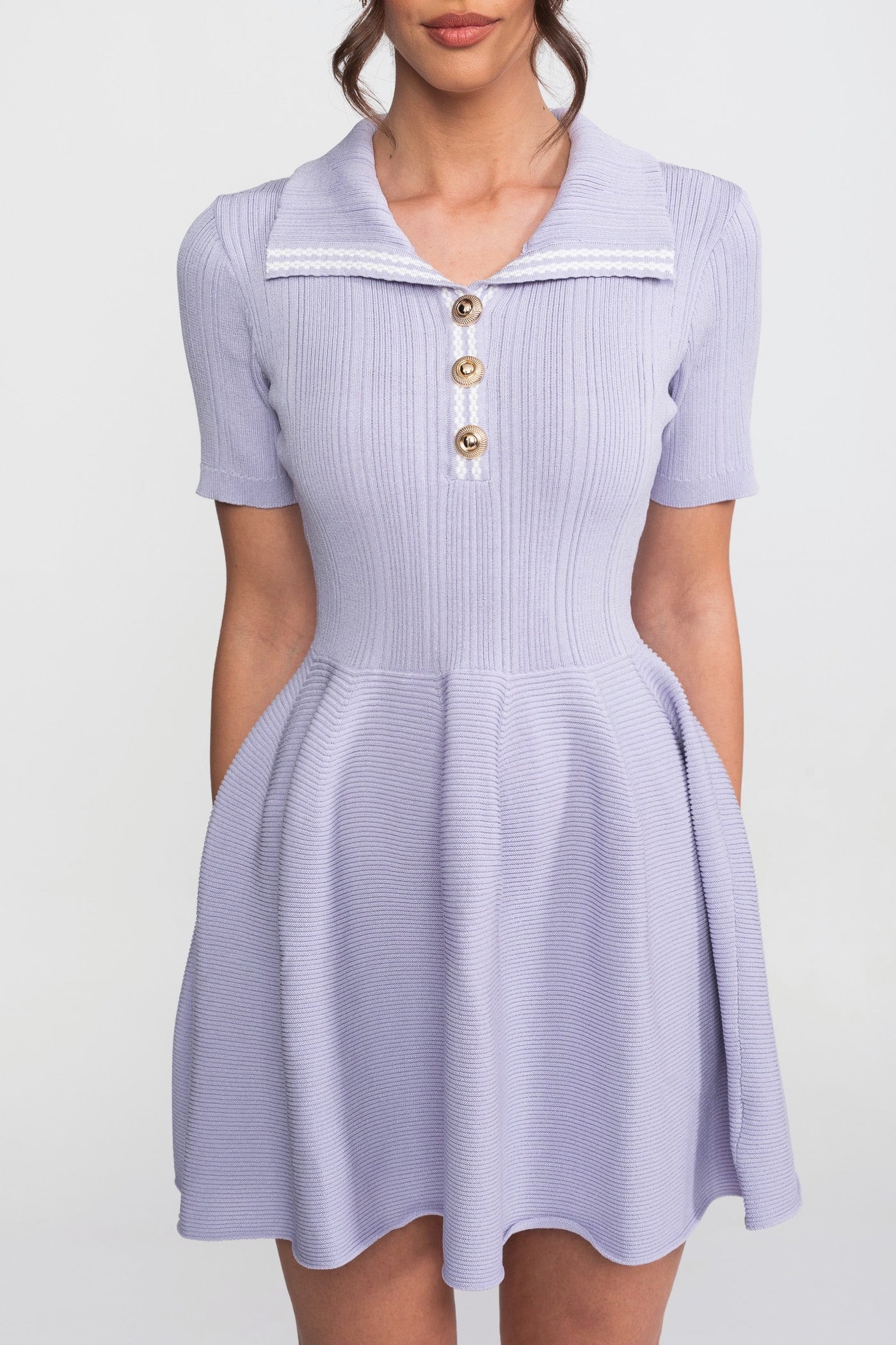 Ribbed Knit Mini Dress With Open Polo Collar And Jewel Buttons - Lilac
