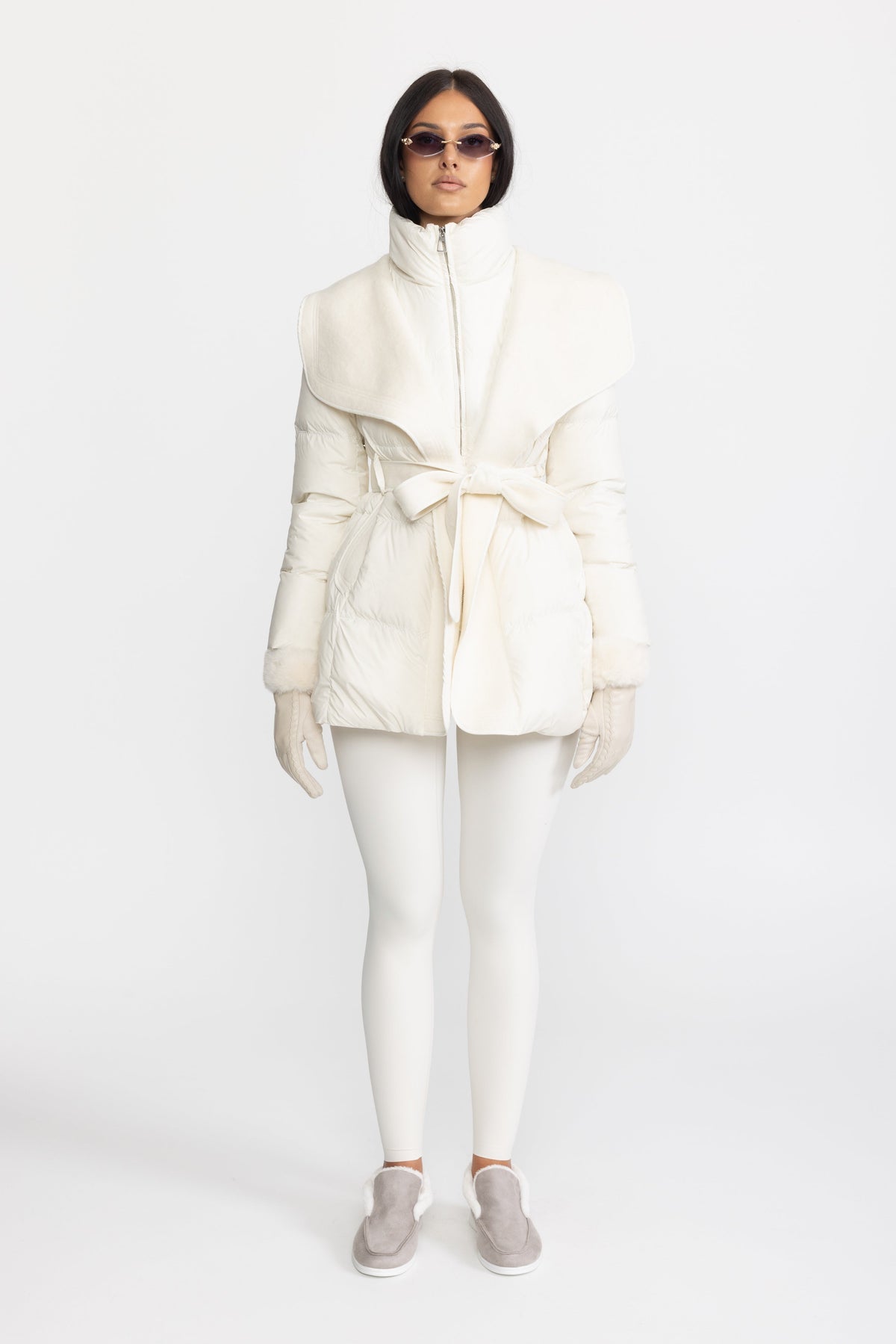 Draped Collar Belted Down Jacket with Plush Cuffs - Ivoire