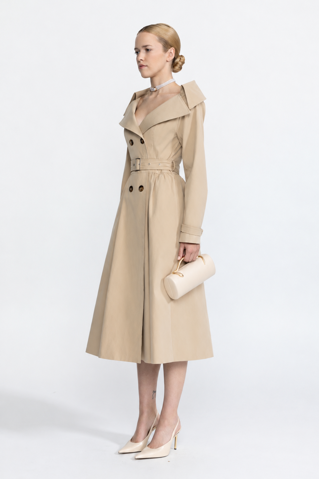 Ariane Beige Off-Shoulder Collar Belted Trench Dress