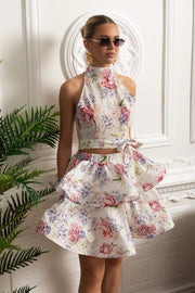 Floral Halter Crop Top and Layered Ruffle Mini Skirt Set - White/Pink