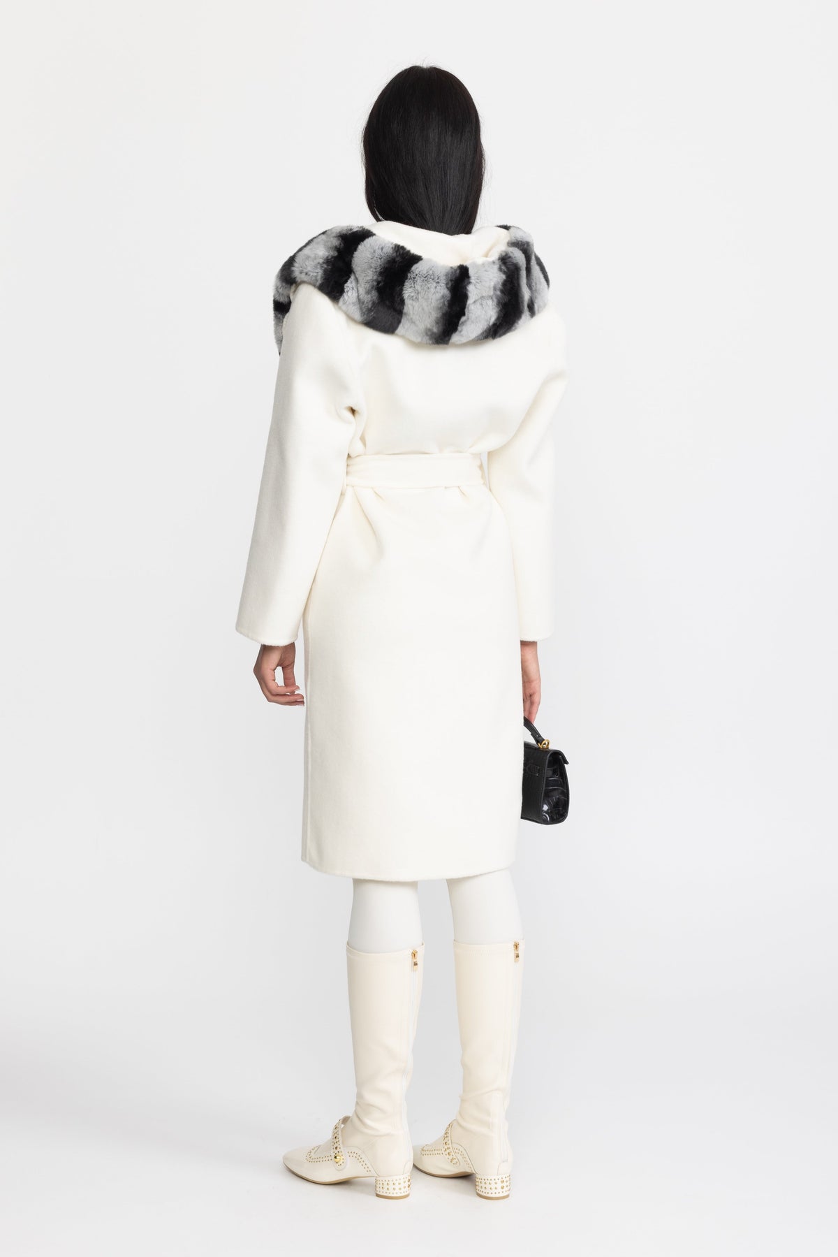 Rex Rabbit Fur Trim Hooded Wool Wrap Coat - Ivoire