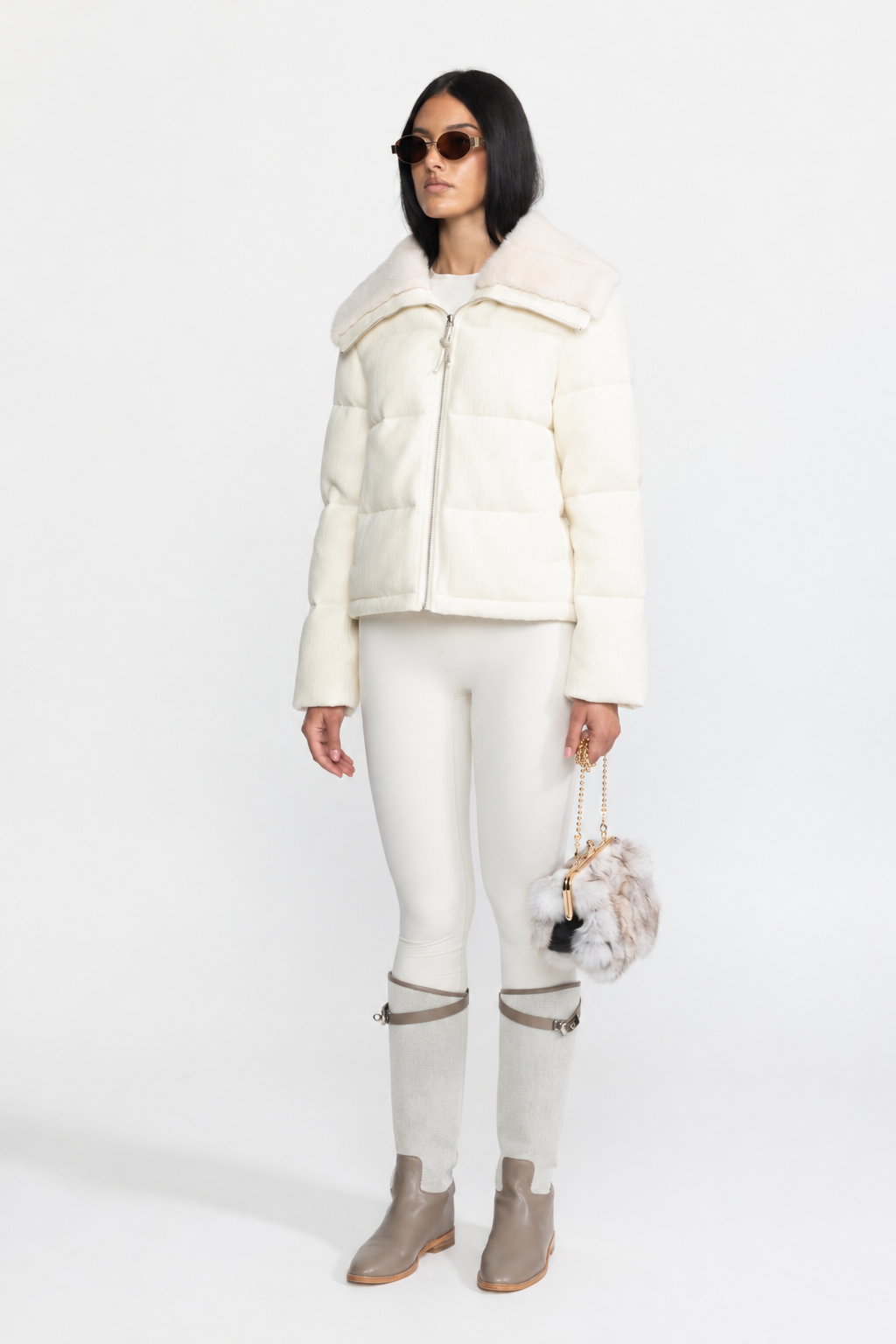 Corentine Ivoire Ribbed Cashmere Down Puffer Jacket with Mink Fur Collar