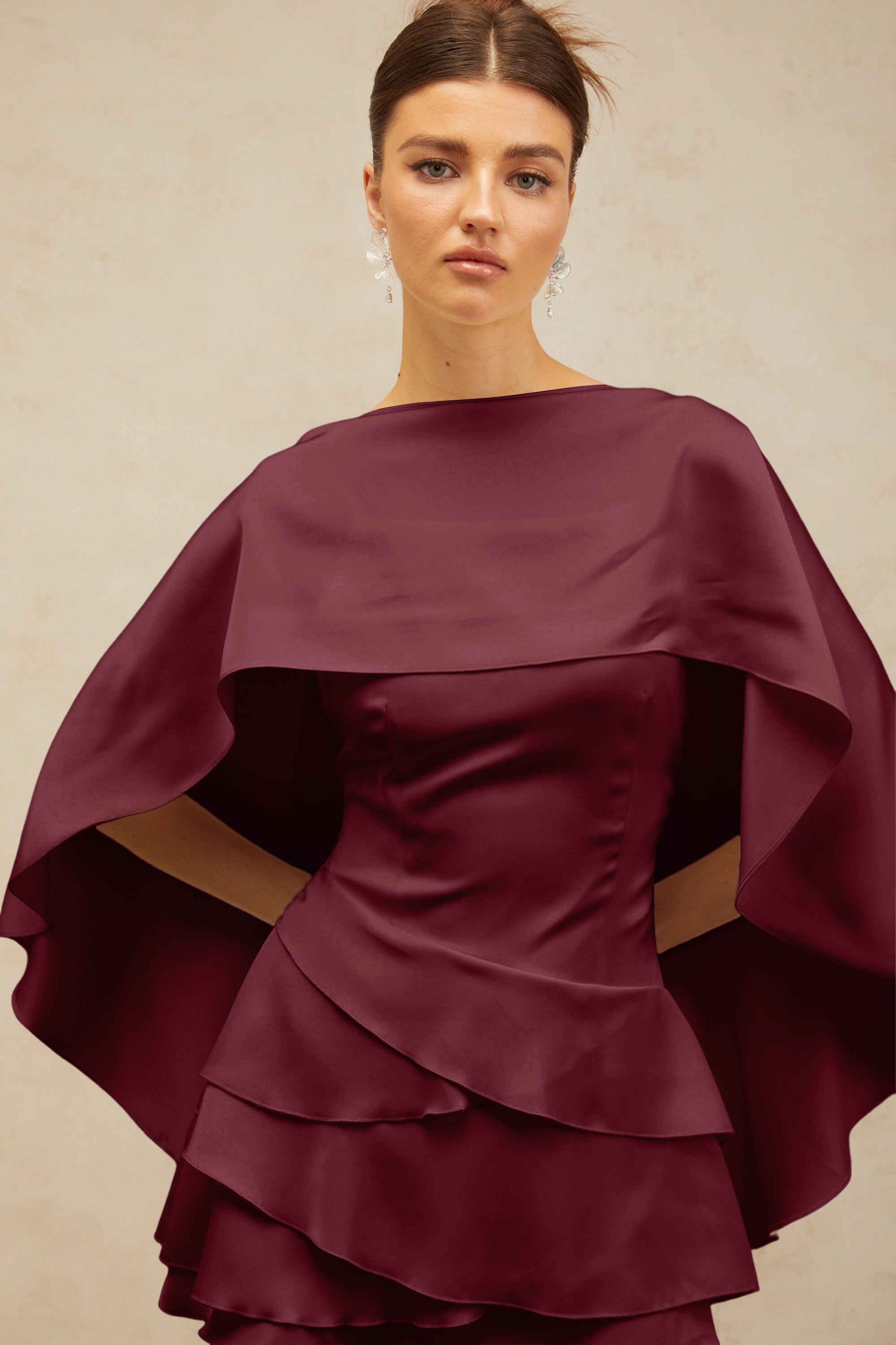 Lyna shawl-panel ruffled satin mini dress in Red