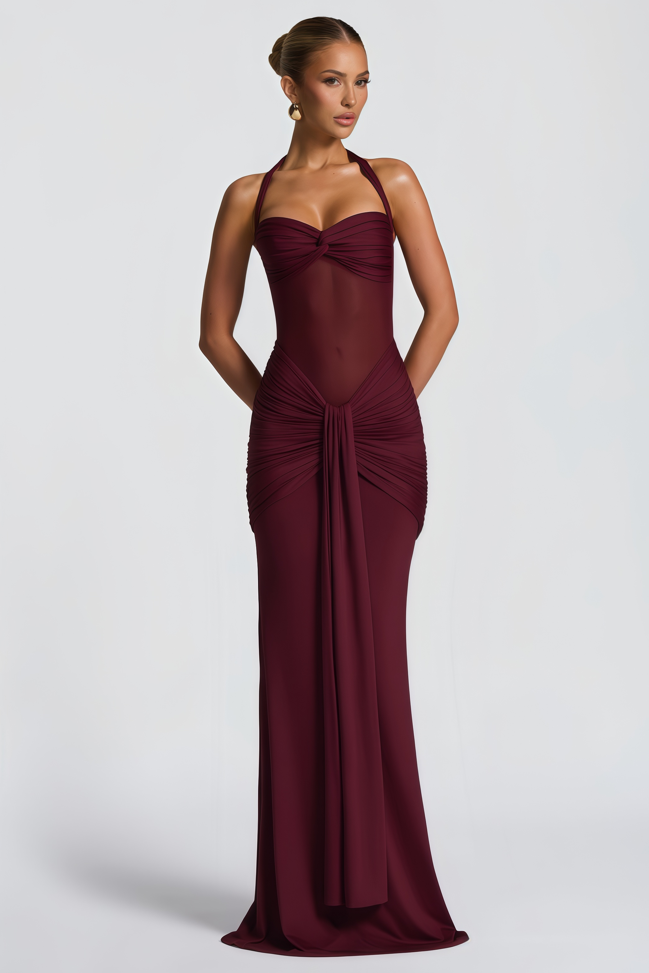 Amandine Burgundy Halterneck Gathered Maxi Dress (Final Sale-US Only)
