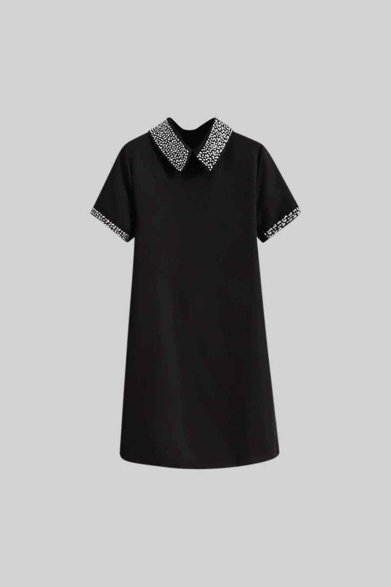 ISLA Short Sleeve Classic Mini Dress with Jewel Collar - Black