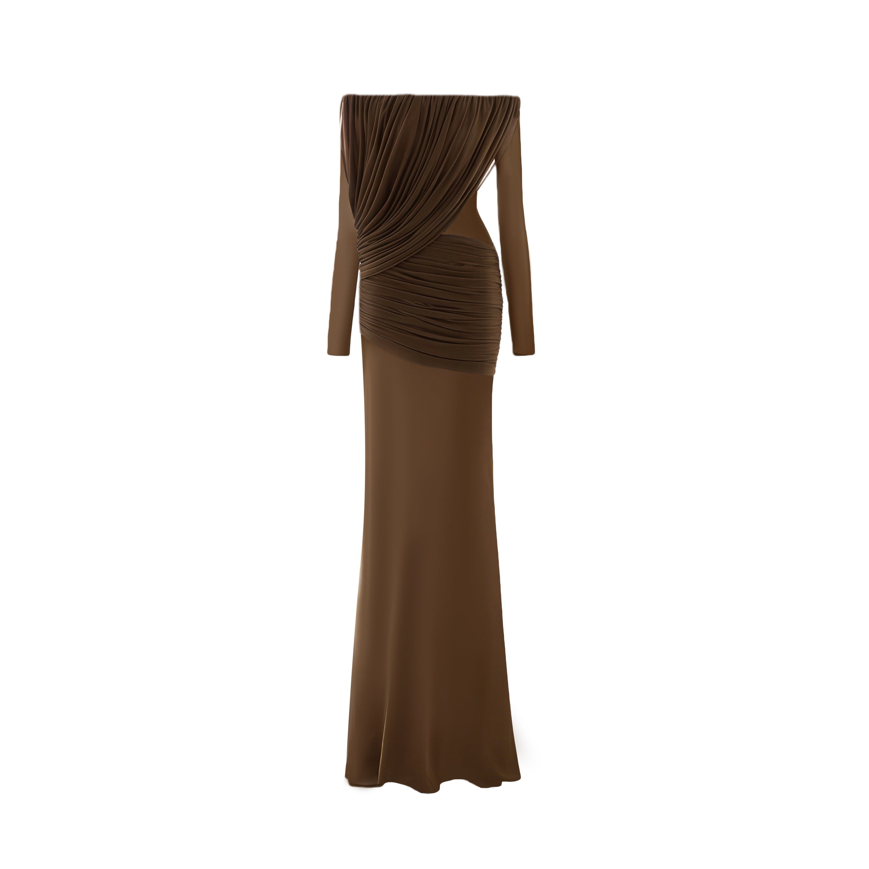 Zenobia Brown Asymmetrical Draped Mesh Maxi Dress (Final Sale-US Only)