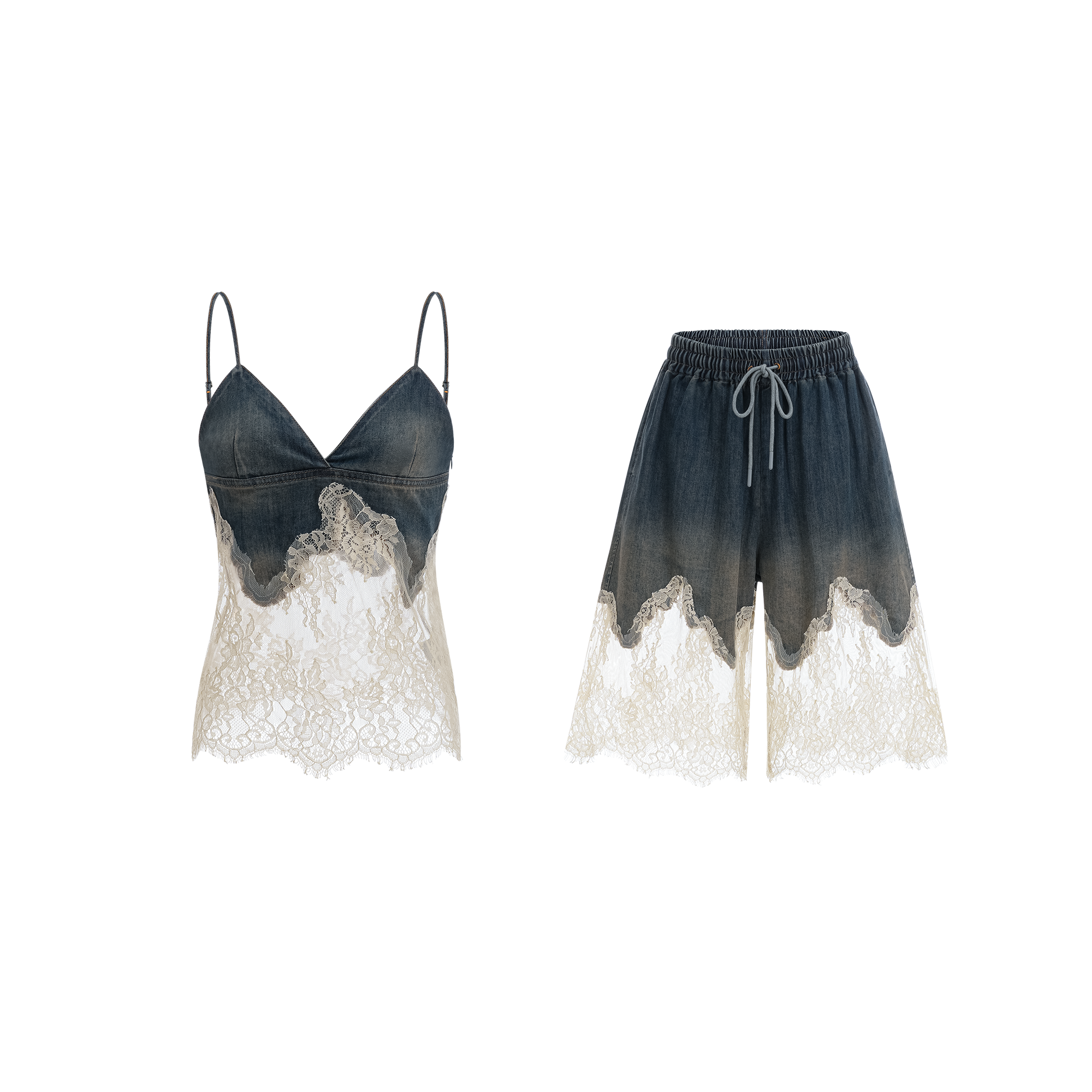 Sylvie lace-detail denim top & shorts matching set (Final Sale-US Only)