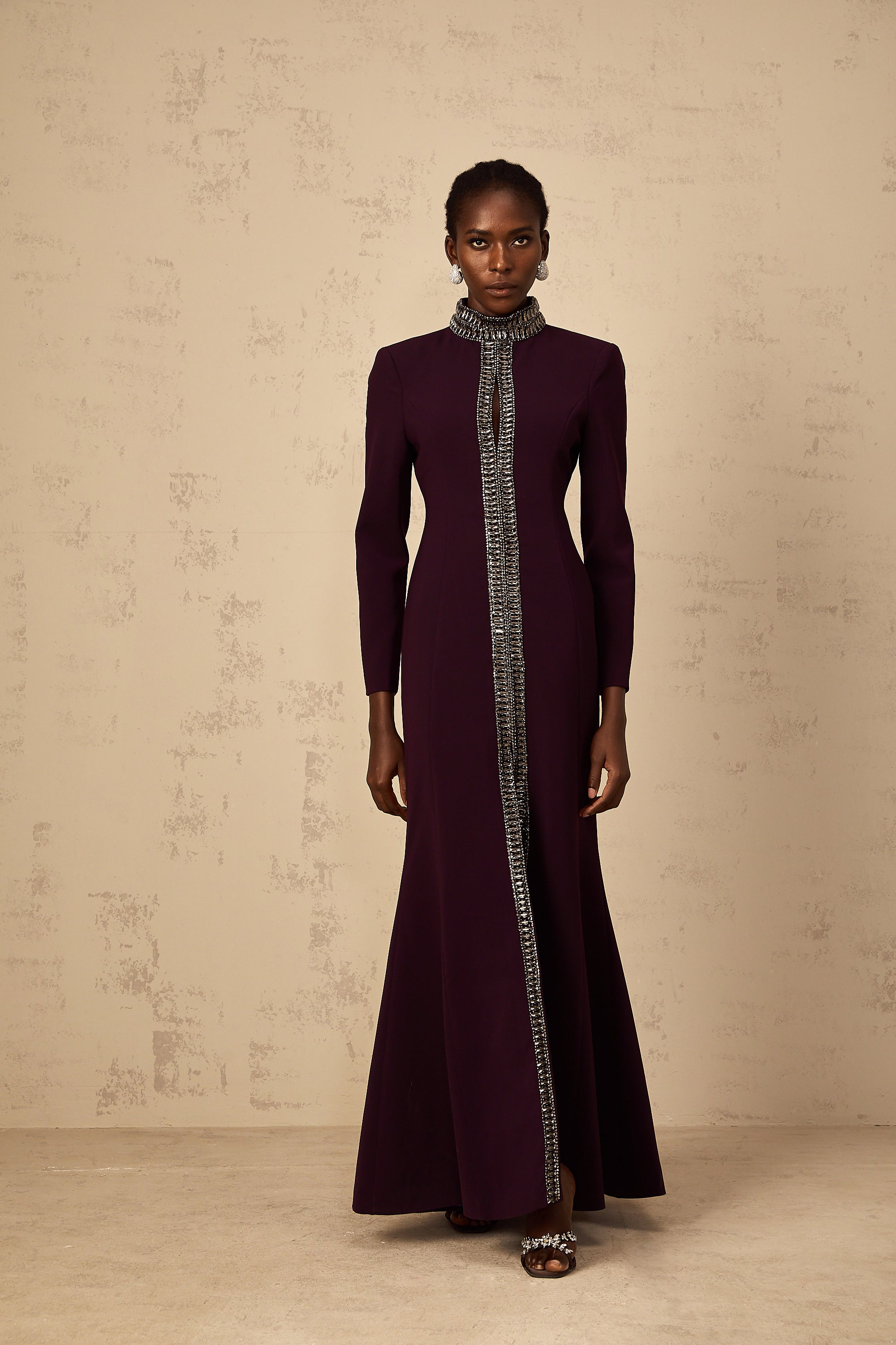 Maëlie Burgundy Embellished Flared Maxi Dress