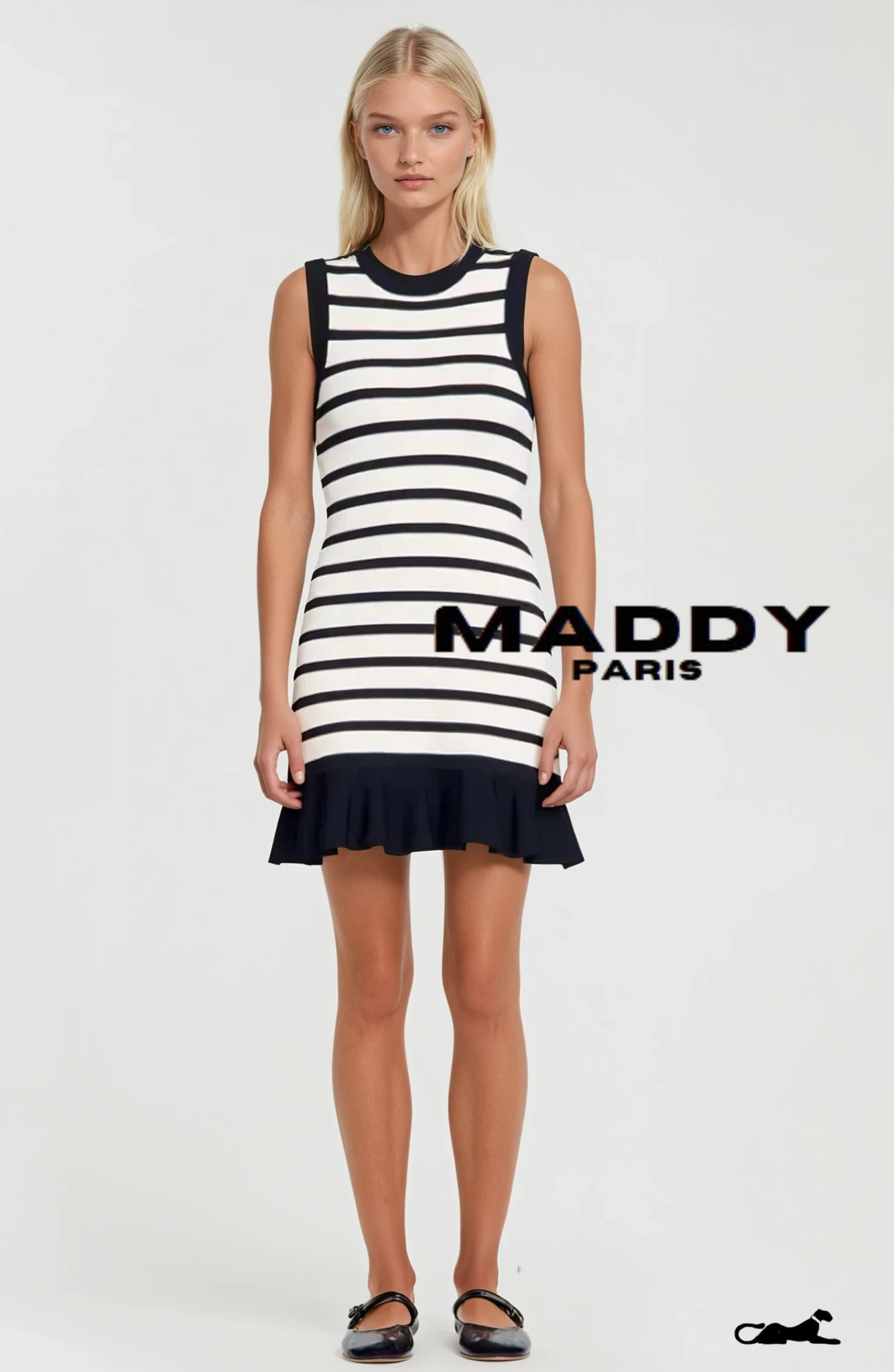 SANDRO CAMILLE STRIPED KNIT MINI DRESS - WHITE & BLACK