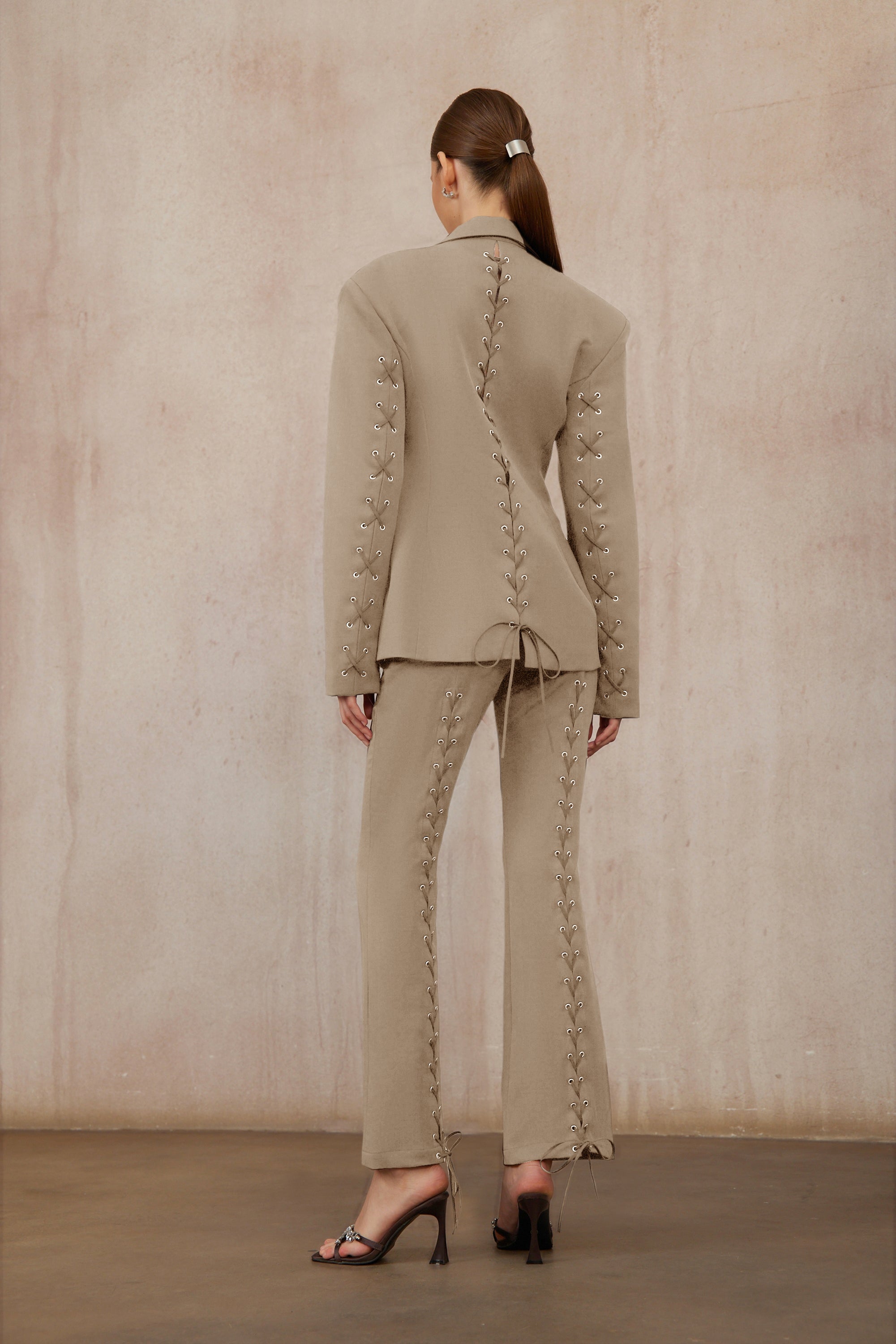 Prunille Khaki Lace-Up Blazer & Trousers Set