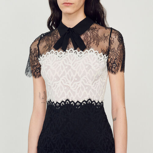 SANDRO TWO-TONE LACE MINI DRESS - Black / White