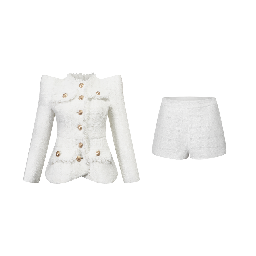Séraphine White Frayed Tweed Jacket & Shorts Set