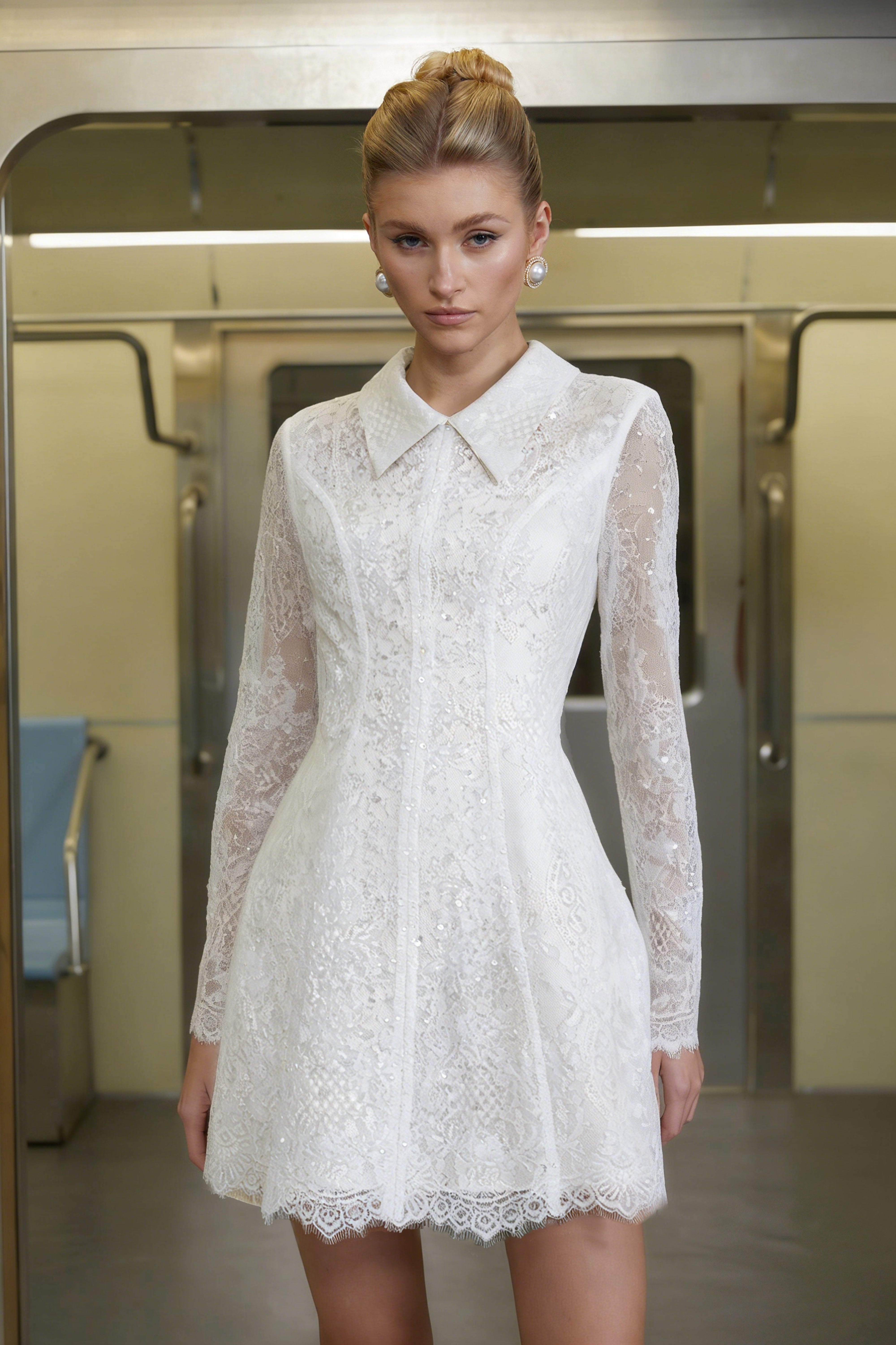 Aleksandra White Sequin Floral Lace Mini Dress (Final Sale)