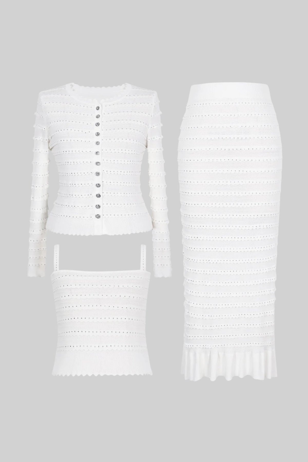 Fiorella White Textured Knit 3 Piece Set With Blazer, Top And Midi Skirt