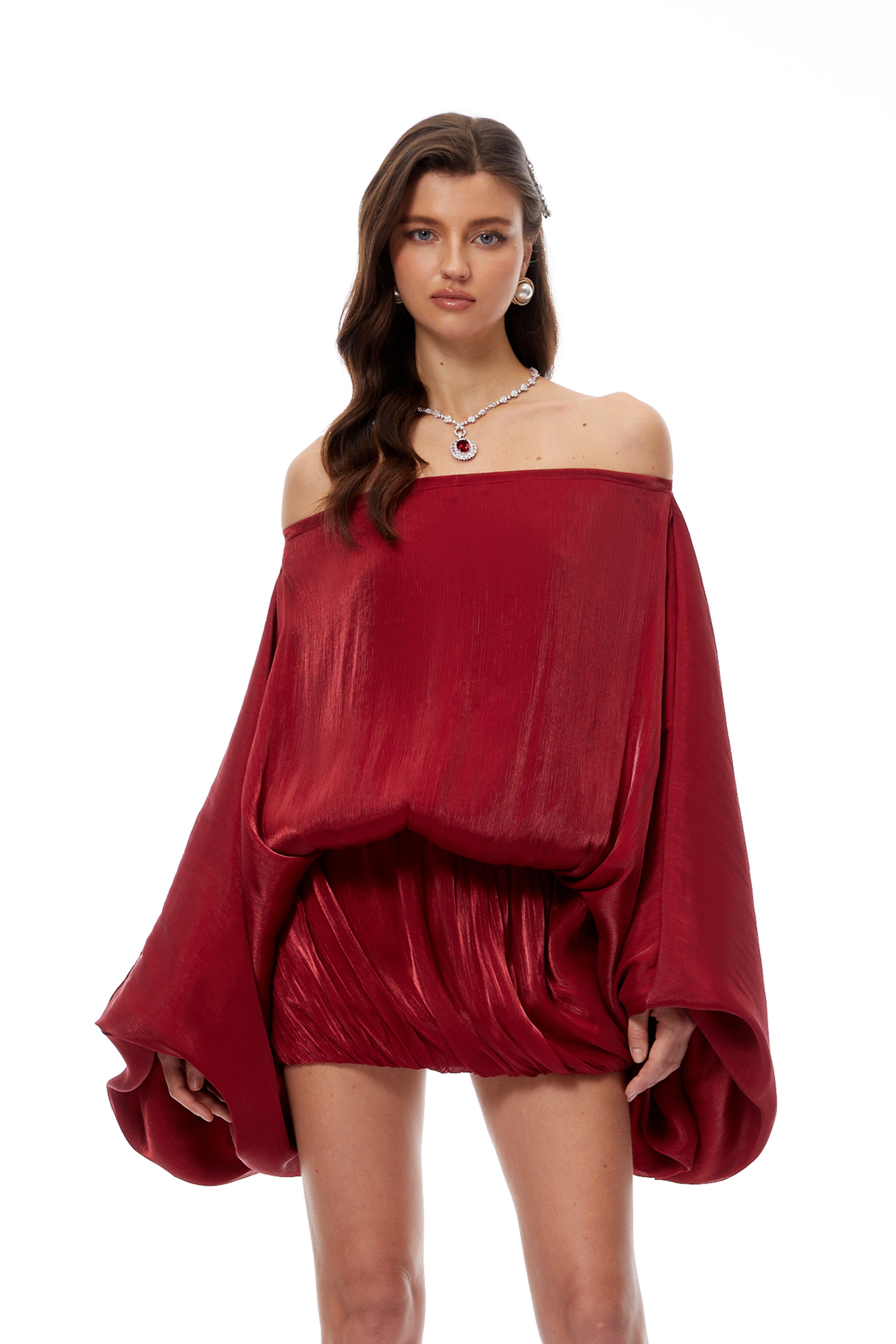 Patrizia Red Off Shoulder Glossy Mini Dress (Final Sale)