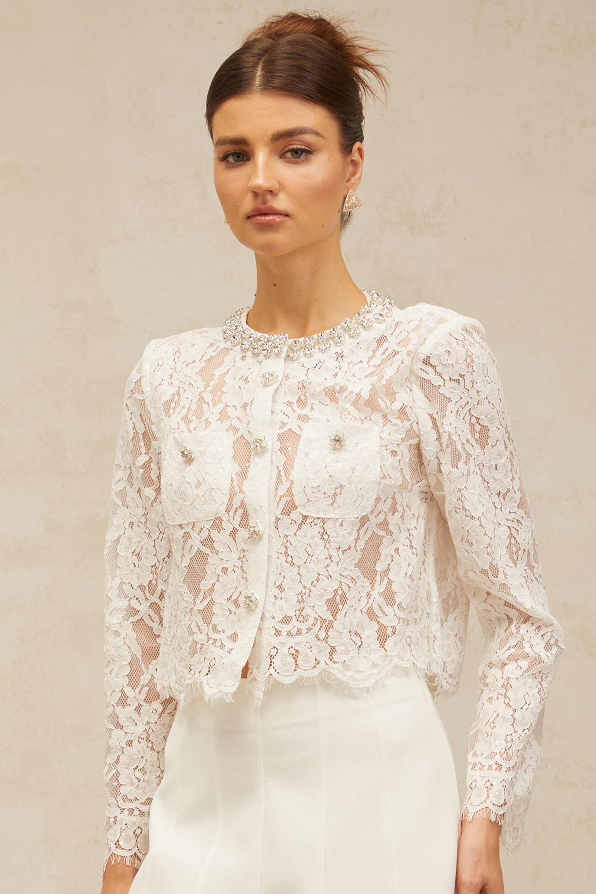 Monique white embellished floral-lace jacket