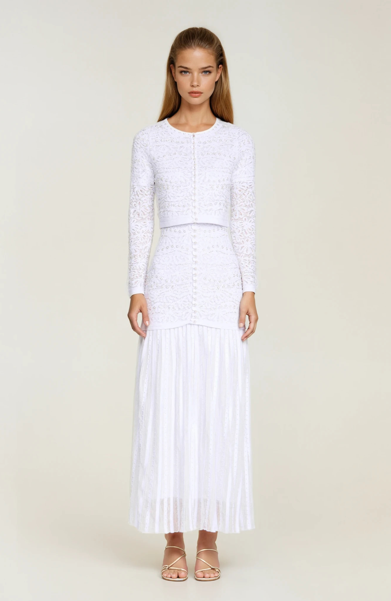 Sandro Celeste Embellished Knit Maxi Dress with Cropped Pearled Cardigan - Pearl White