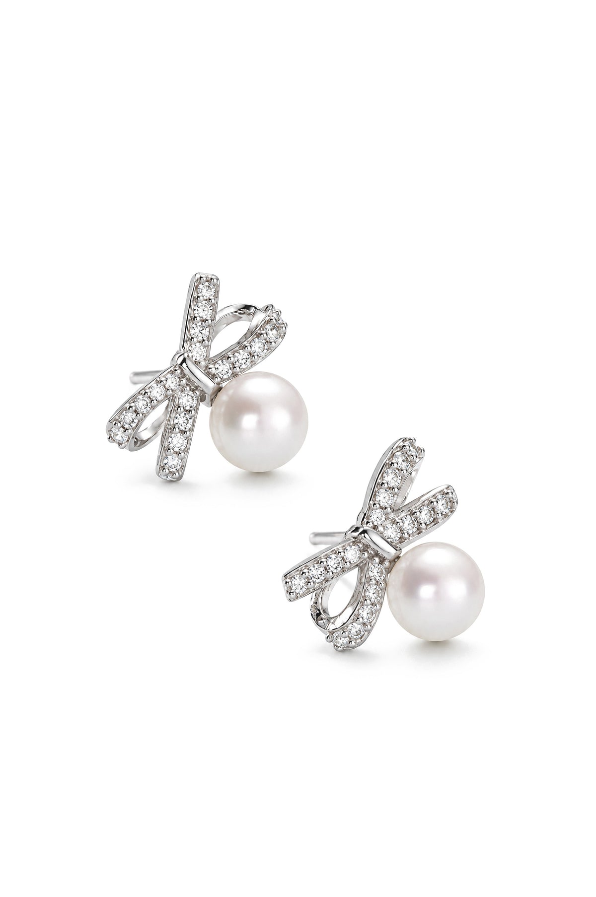 Gaëtane Silver Pearl Drop Bow Stud Earrings