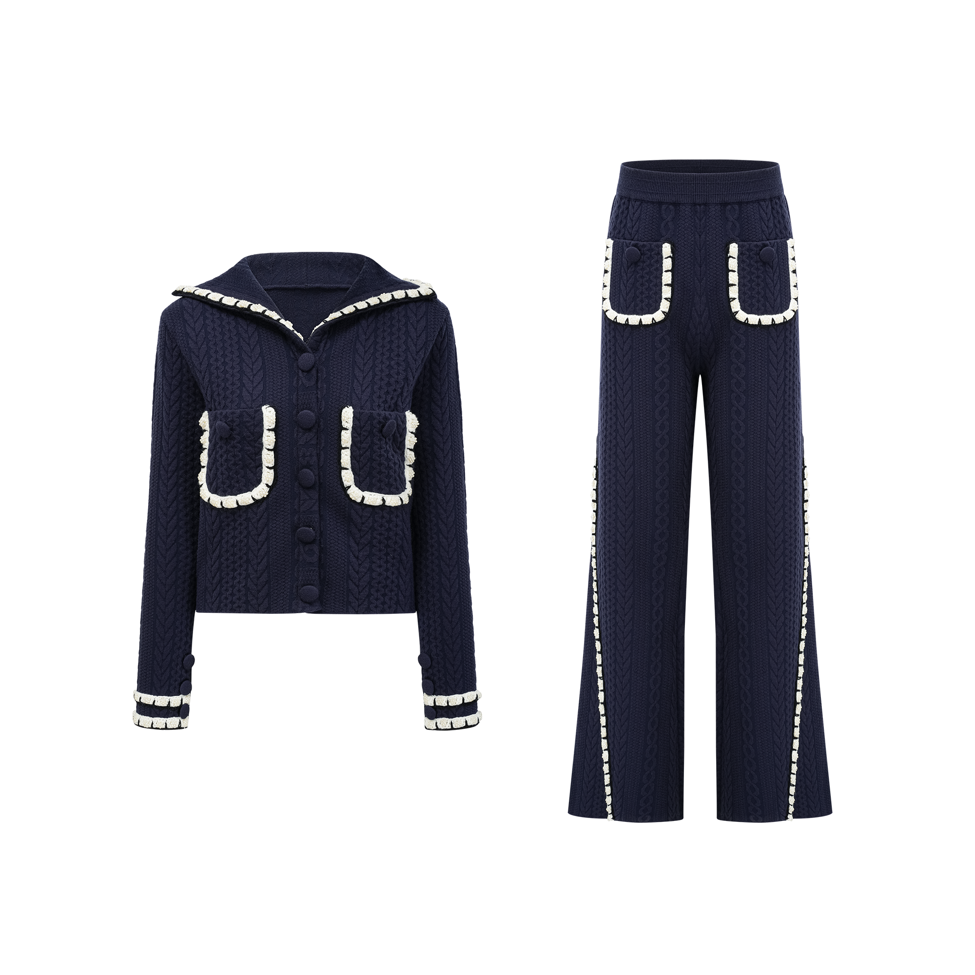 Elvira navy blue crochet-knit cardigan & trousers matching set (Final Sale)