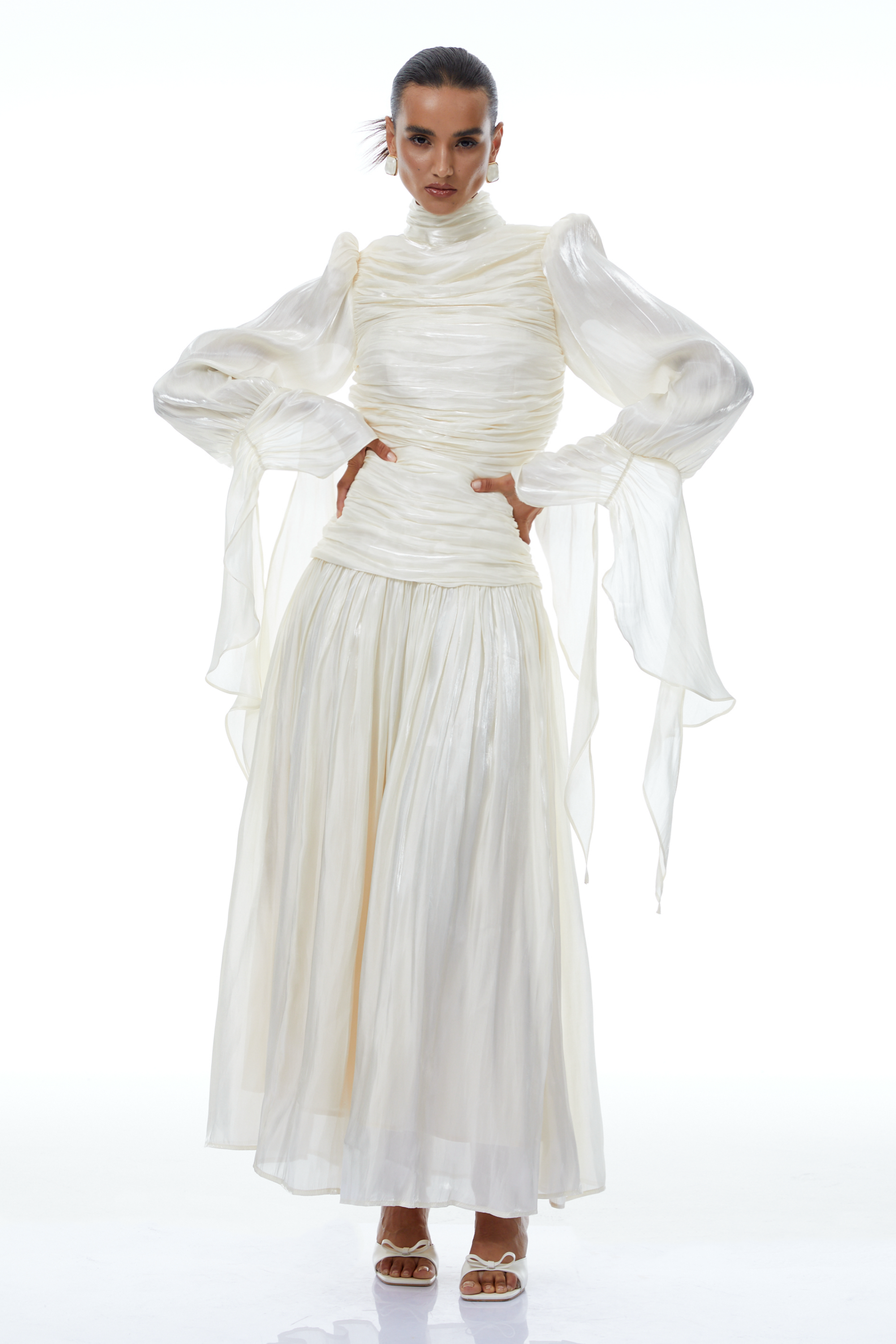Sarolta Neutral Glossy Ruched Maxi Dress (Final Sale-US Only)