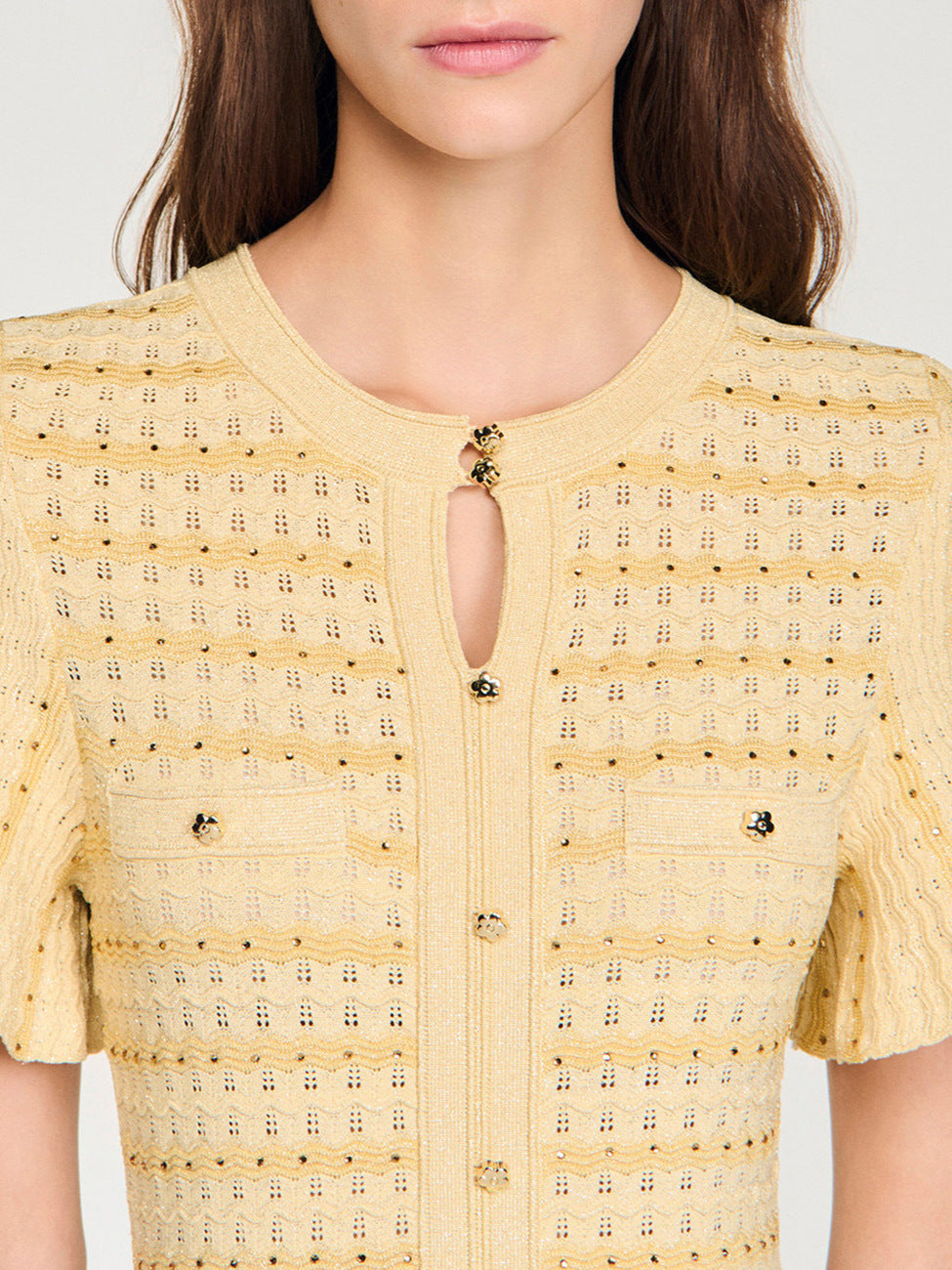 Sandro Victoire Rhinestone Knit Maxi Dress in - Gold