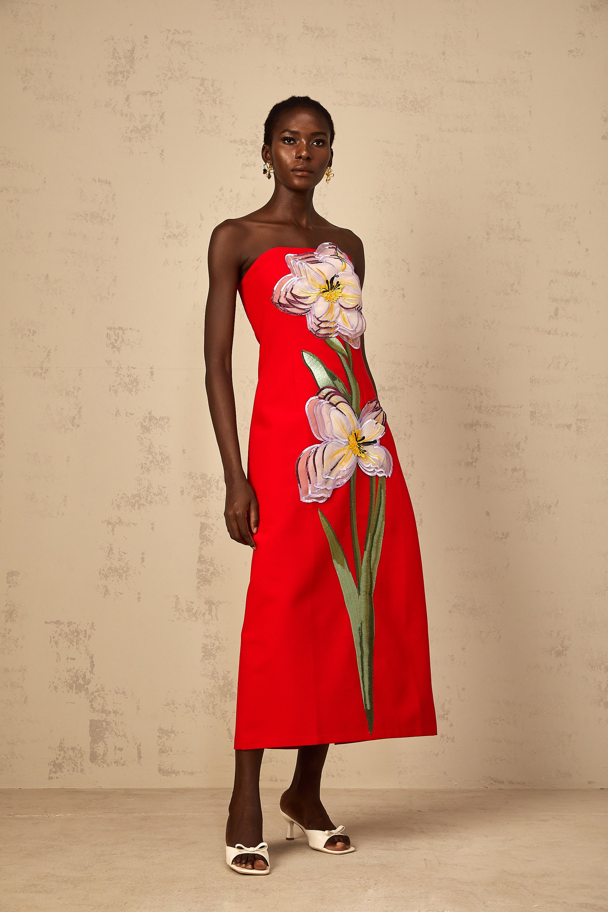 Irène Sequin Embroidered Off-Shoulder Midi Dress in Red (Final Sale-US Only)