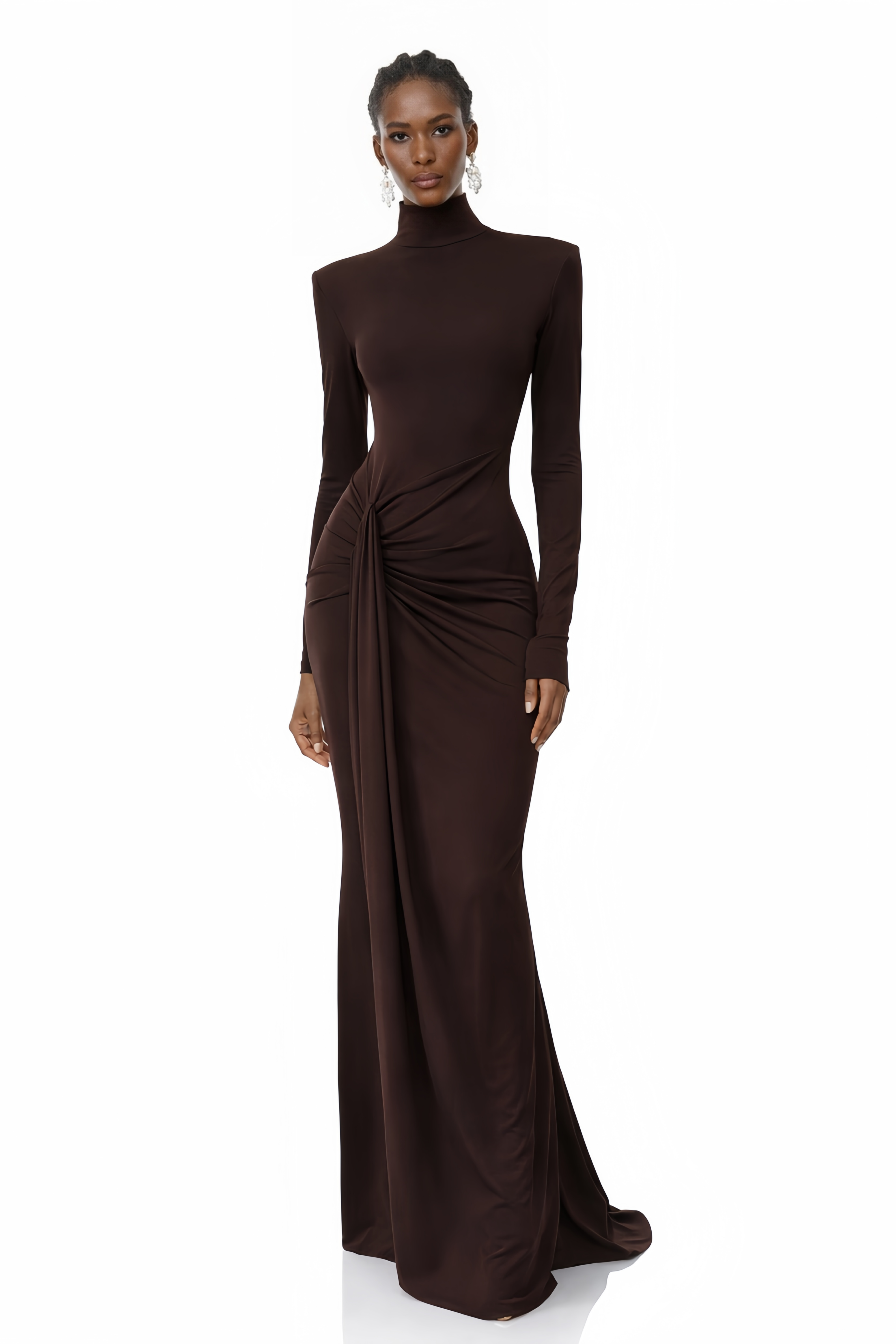 Neve Brown High Neck Twist Knot Maxi Dress (Final Sale-US Only)