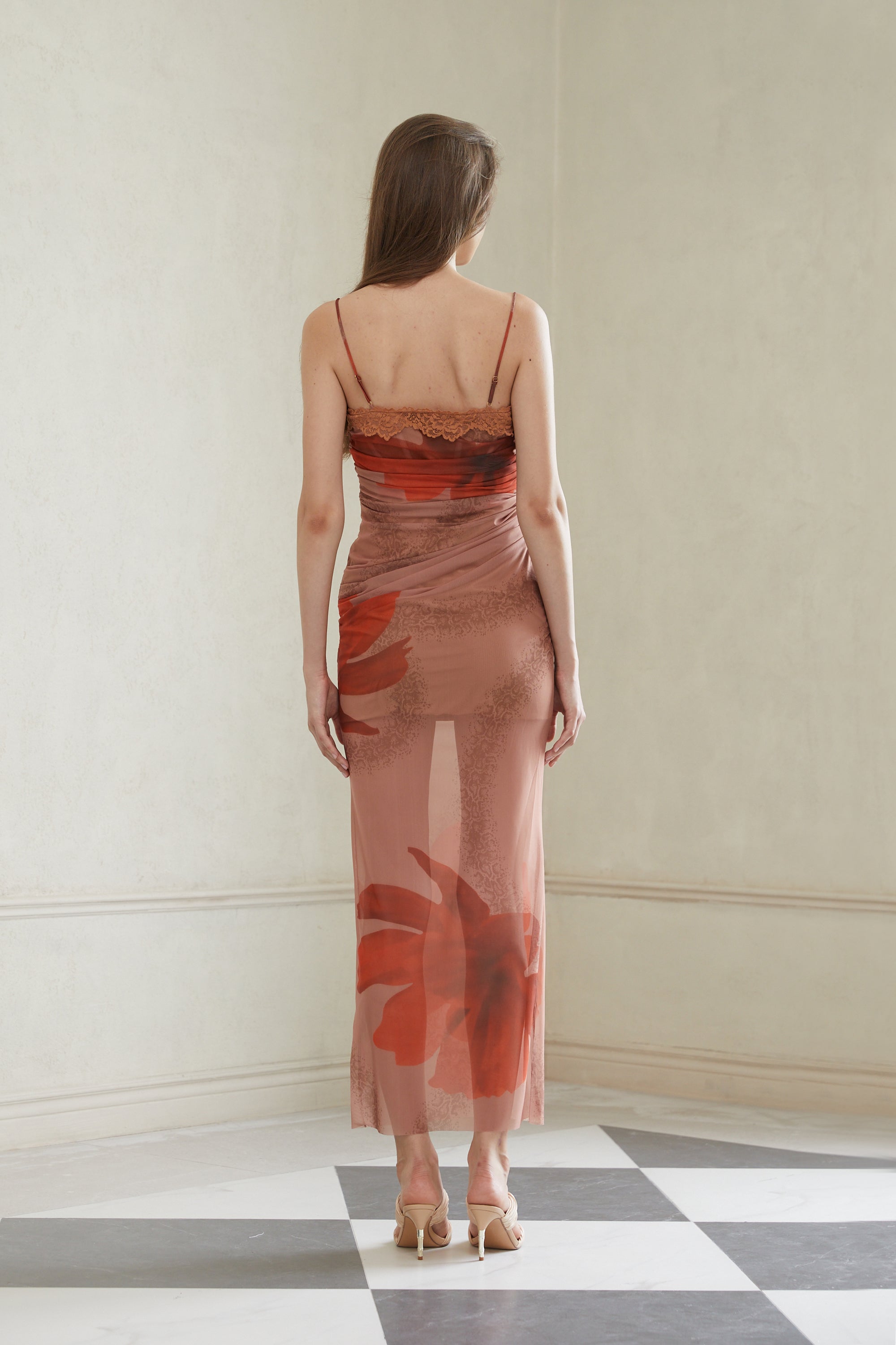 Églantine Brown Floral Print Mesh Maxi Dress