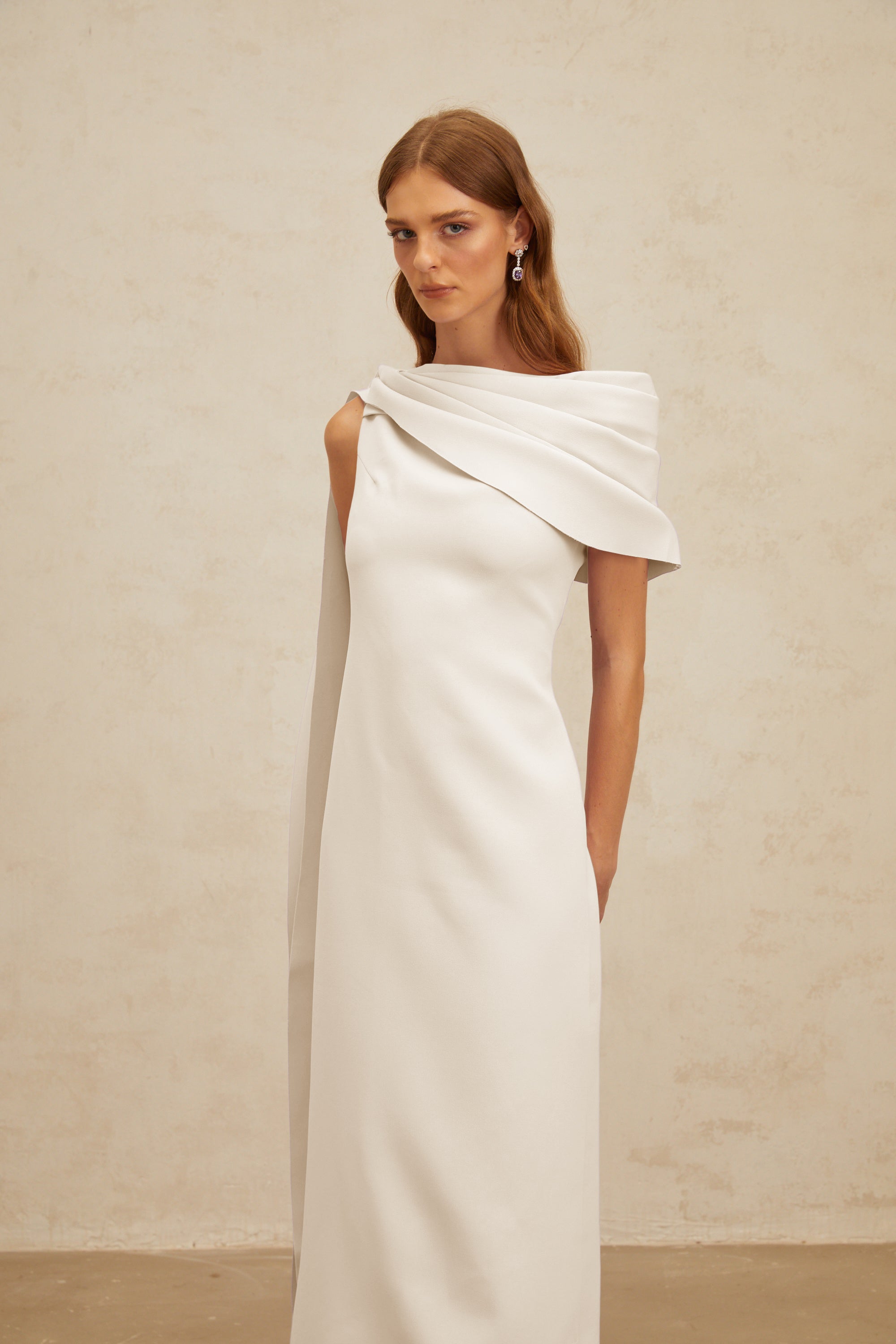 Annabelle White Cape-Design Ribbon Maxi Dress