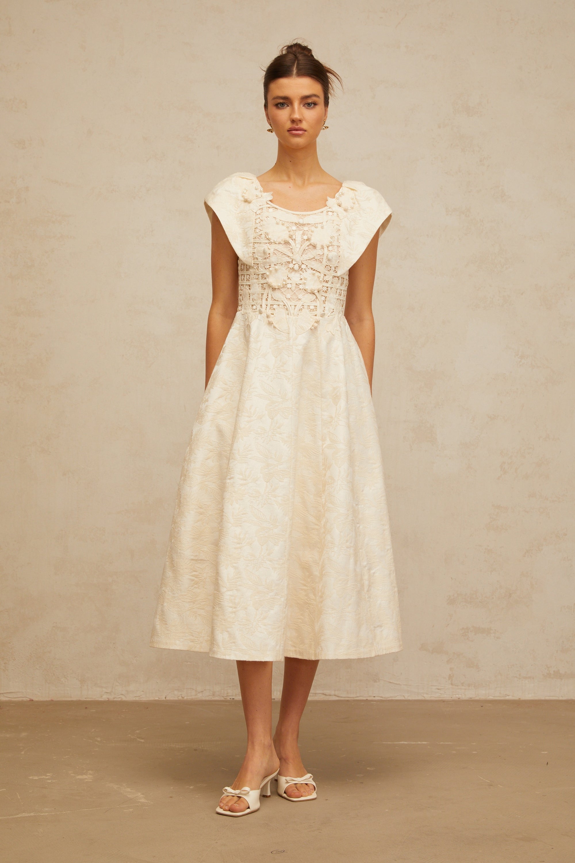 Xenia neutrals floral-embroidered embellished midi dress