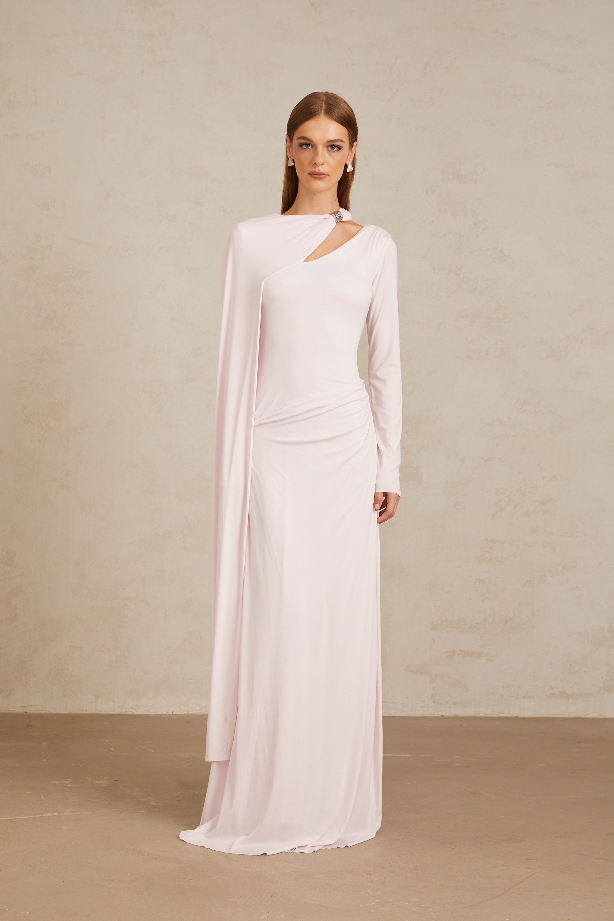 Josette Pink Diagonal Shawl Fitted Maxi Dress