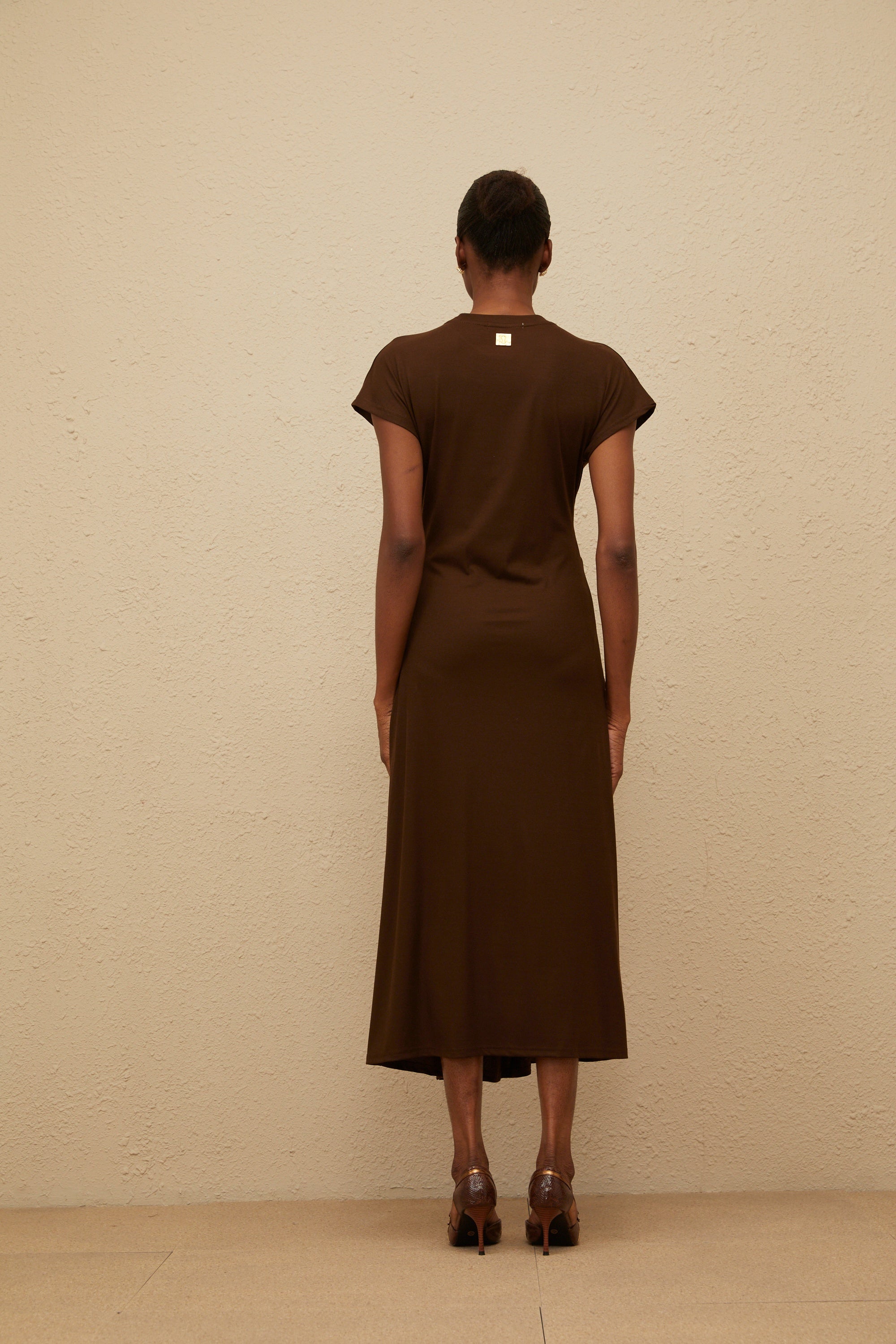 Ophélie Brown Gathered Keyhole Midi Dress