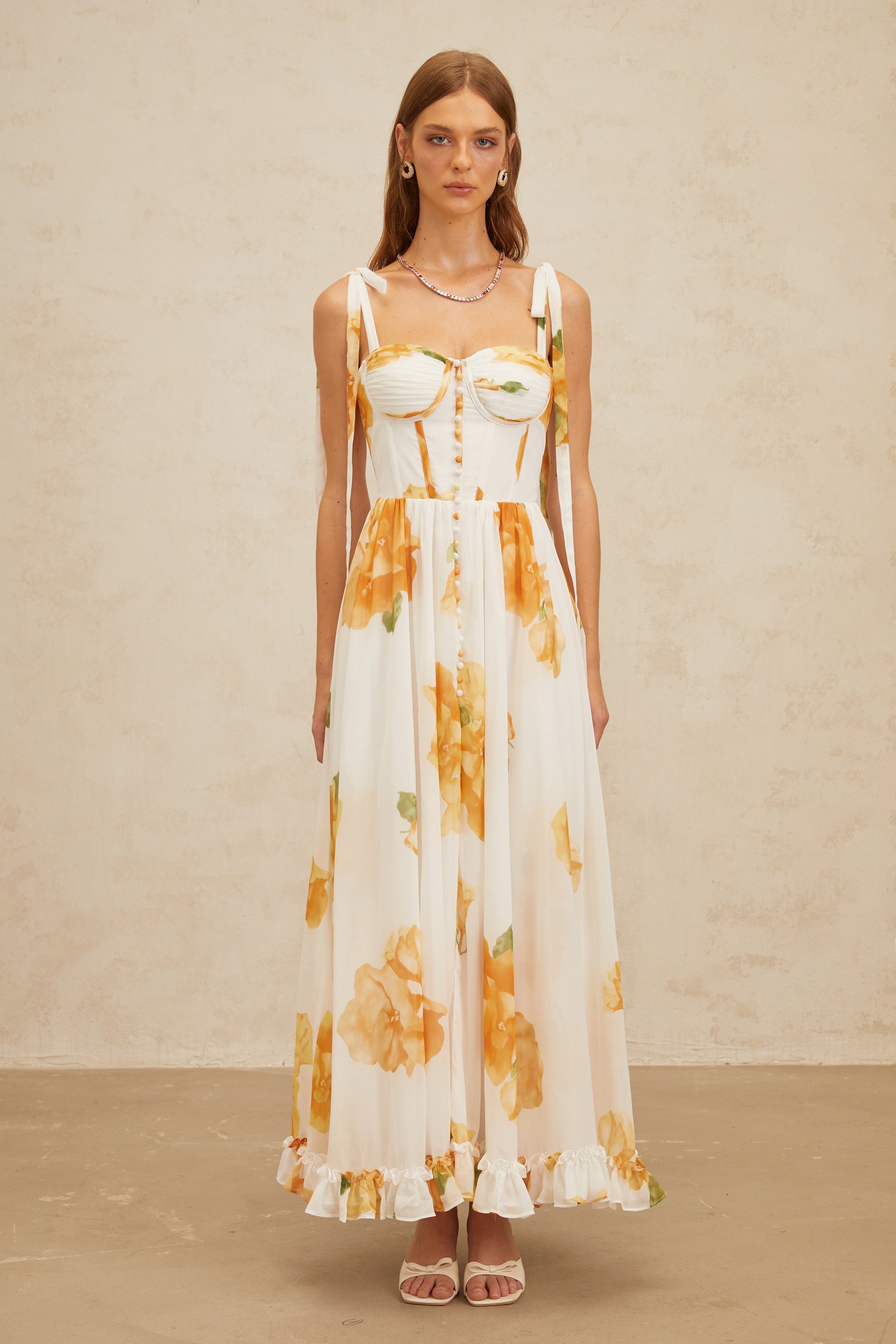 Bérénice White Floral Print Shirred Maxi Dress