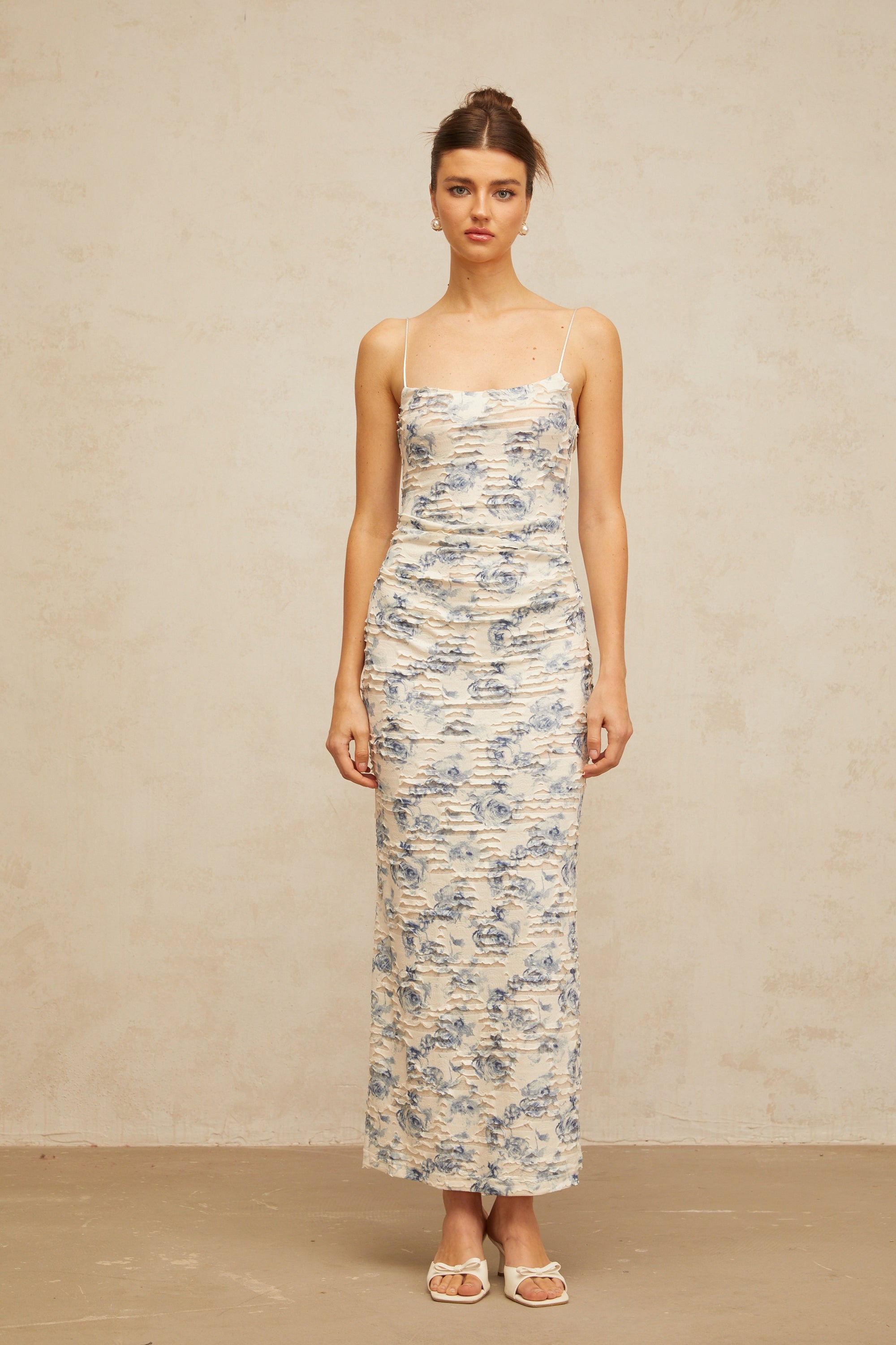 Amaryllis blue textured floral-print maxi dress