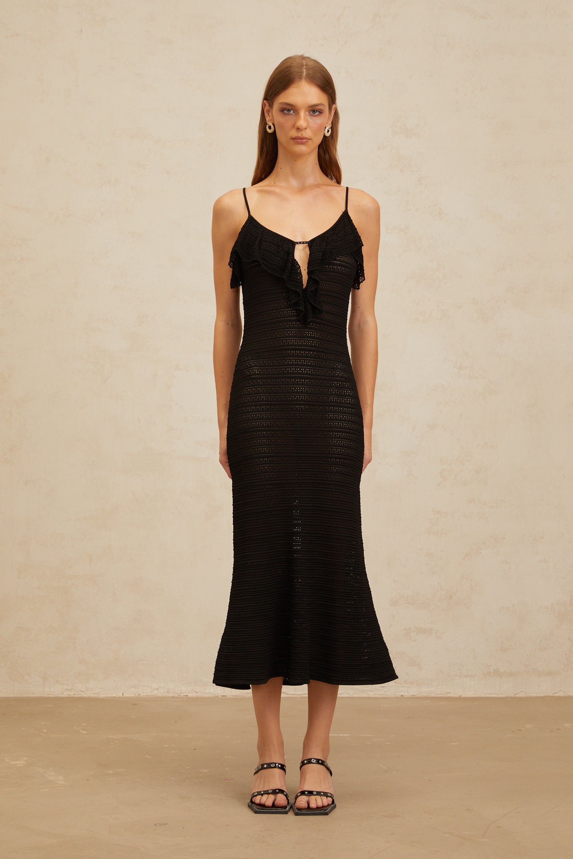Capucine Black Ruffled Crochet Knit Midi Dress