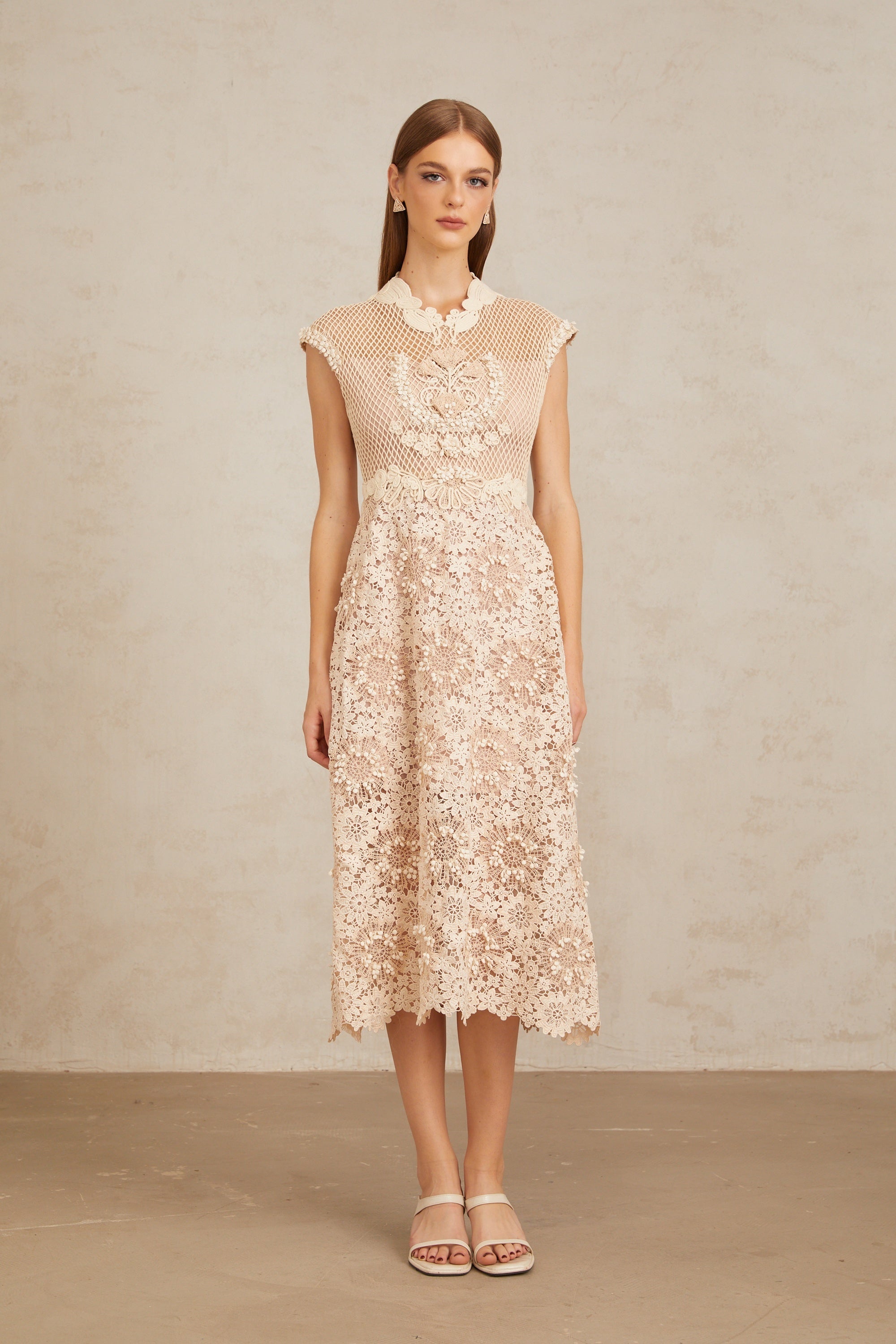 Capucine Braid Detail Corded Lace Midi Dress