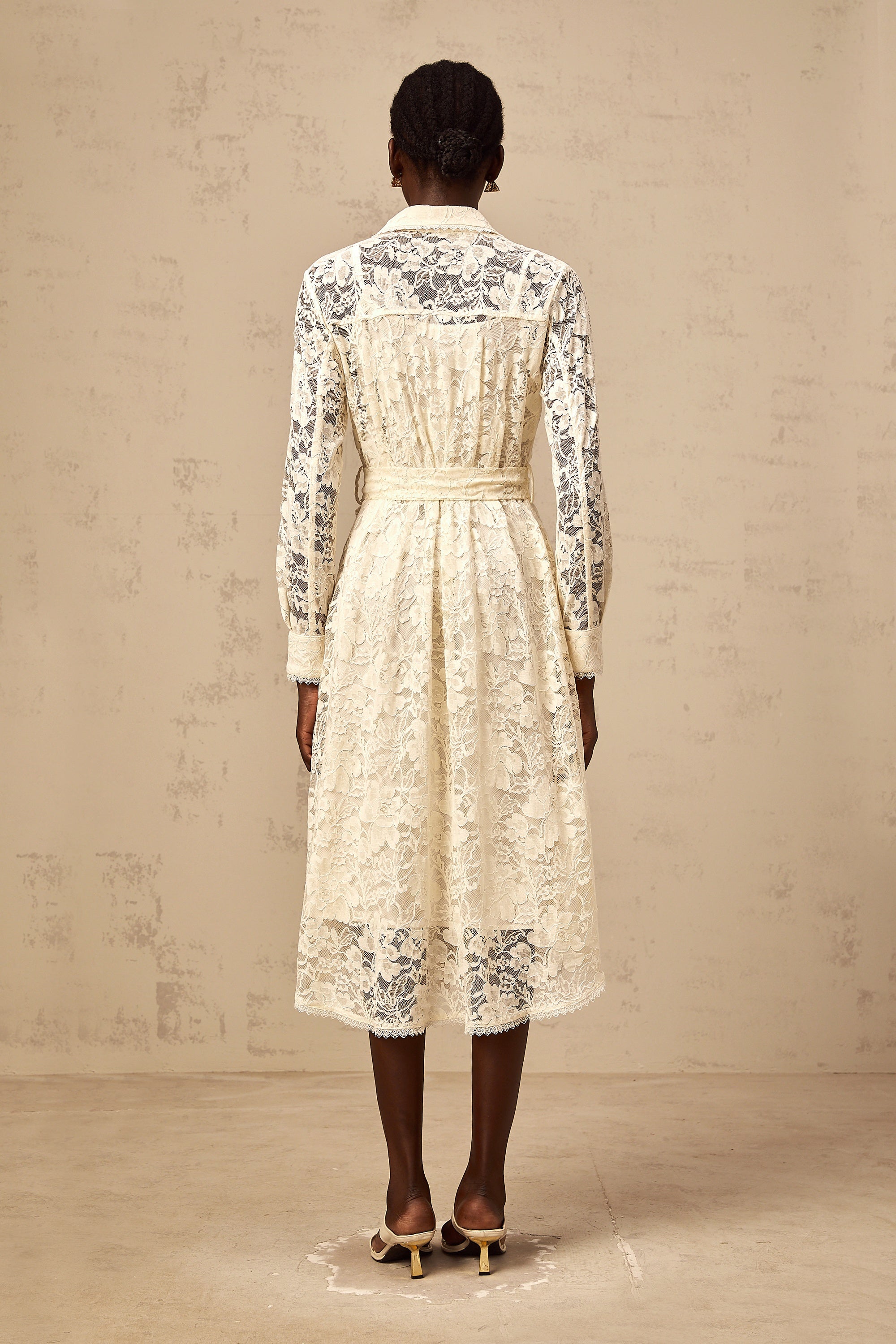 Juliette neutrals guipure-lace midi shirt dress